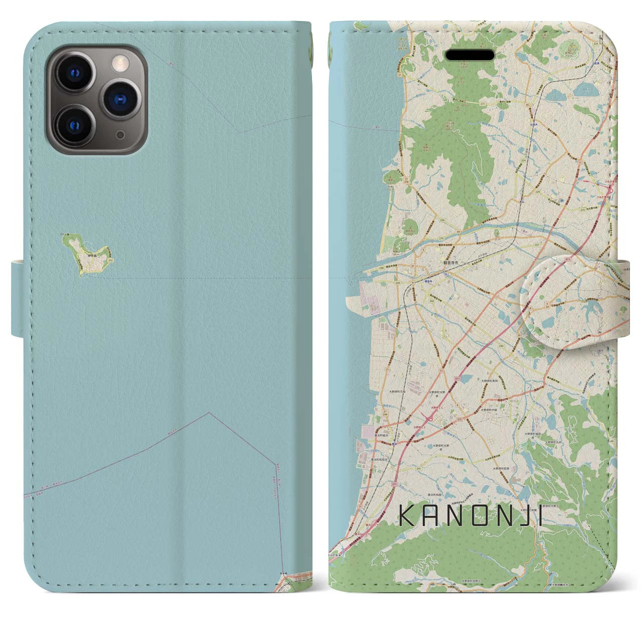 【観音寺(香川県)】地図柄iPhoneケース(手帳タイプ)ナチュラル・iPhone 11 Pro Max 用