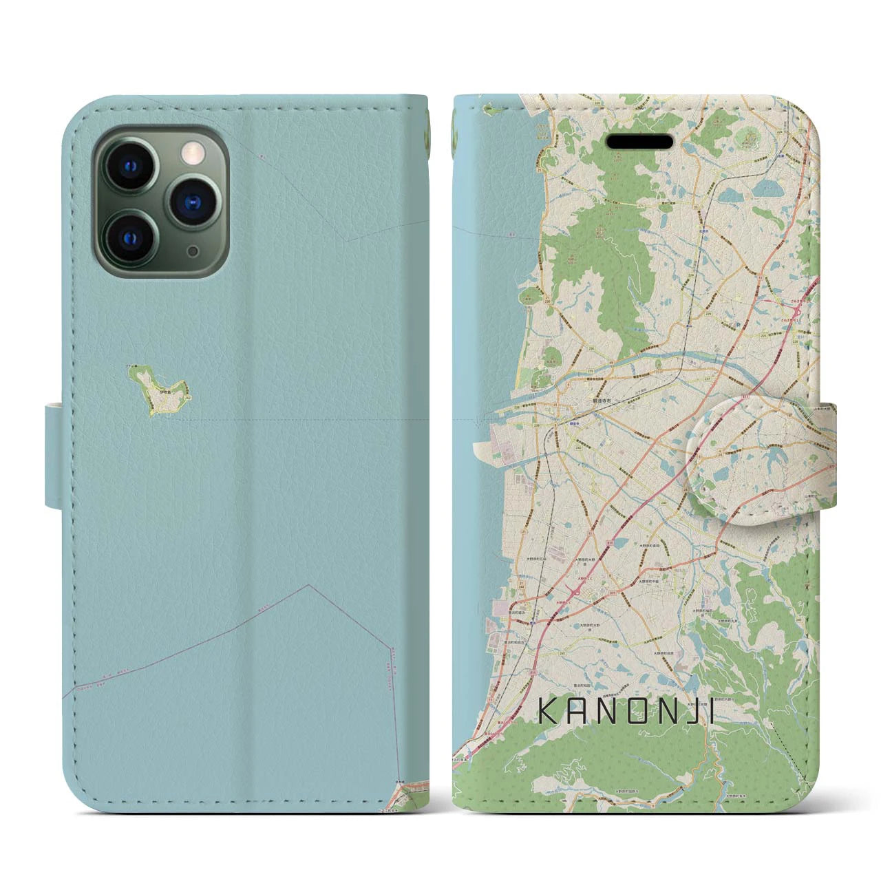 【観音寺(香川県)】地図柄iPhoneケース(手帳タイプ)ナチュラル・iPhone 11 Pro 用