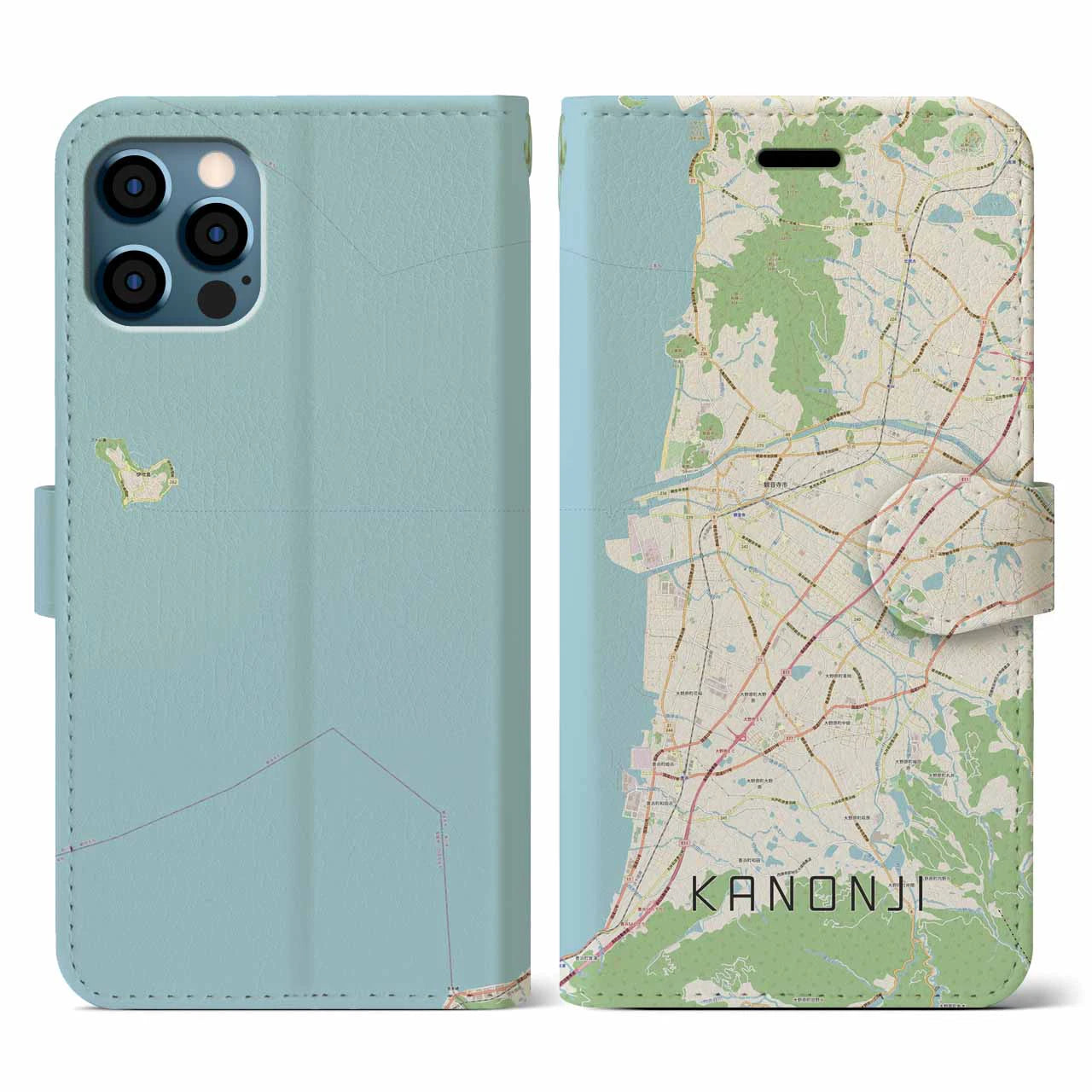 【観音寺(香川県)】地図柄iPhoneケース(手帳タイプ)ナチュラル・iPhone 12 / 12 Pro 用