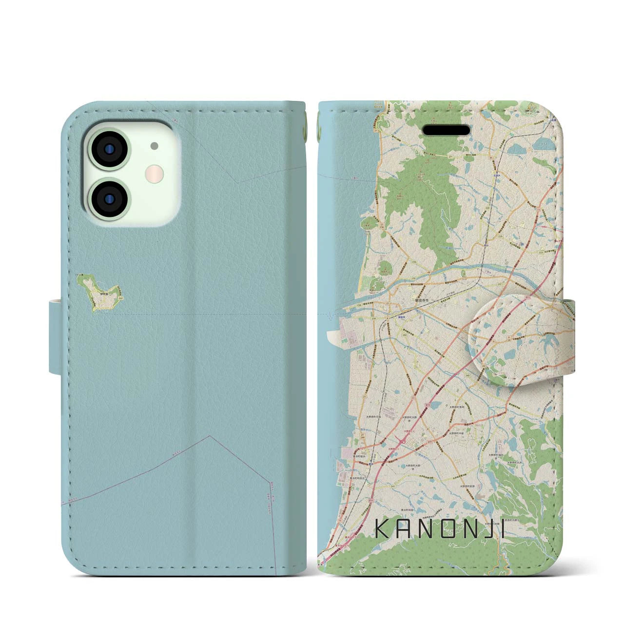 【観音寺(香川県)】地図柄iPhoneケース(手帳タイプ)ナチュラル・iPhone 12 mini 用