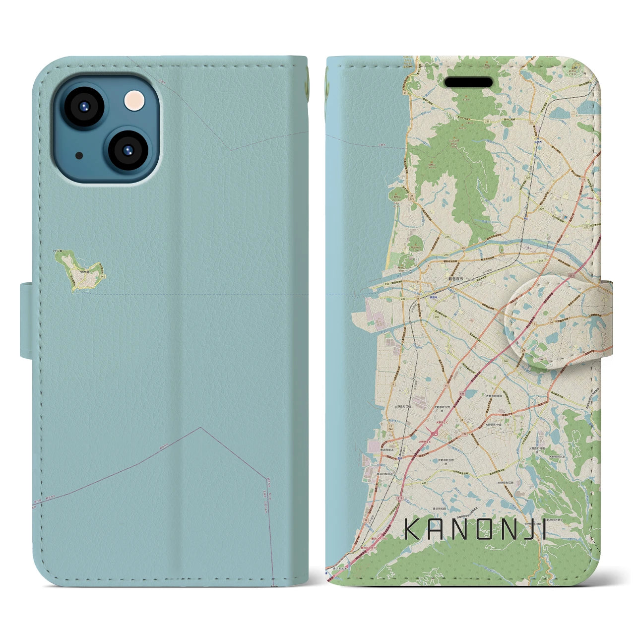 【観音寺(香川県)】地図柄iPhoneケース(手帳タイプ)ナチュラル・iPhone 13 用