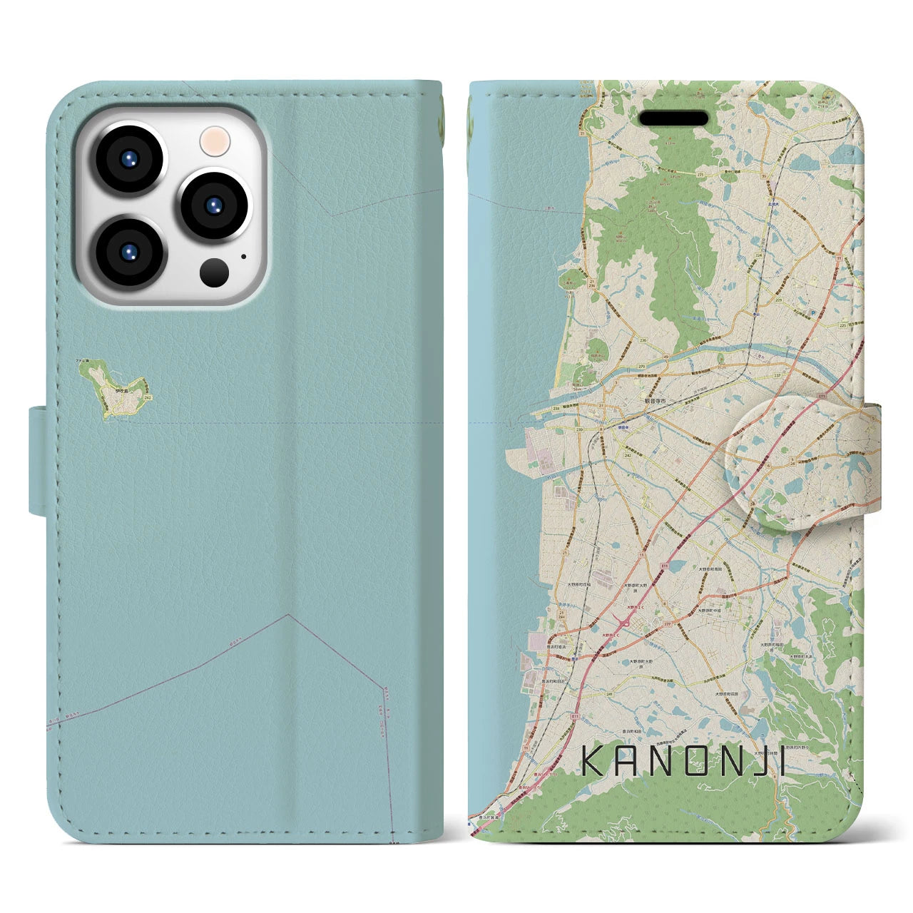 【観音寺(香川県)】地図柄iPhoneケース(手帳タイプ)ナチュラル・iPhone 13 Pro 用