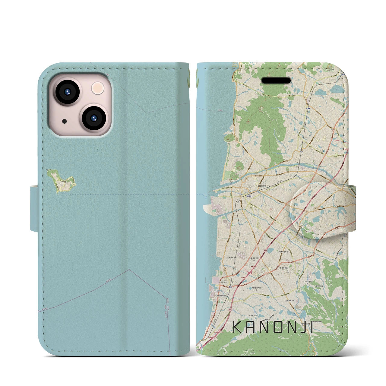 【観音寺(香川県)】地図柄iPhoneケース(手帳タイプ)ナチュラル・iPhone 13 mini 用