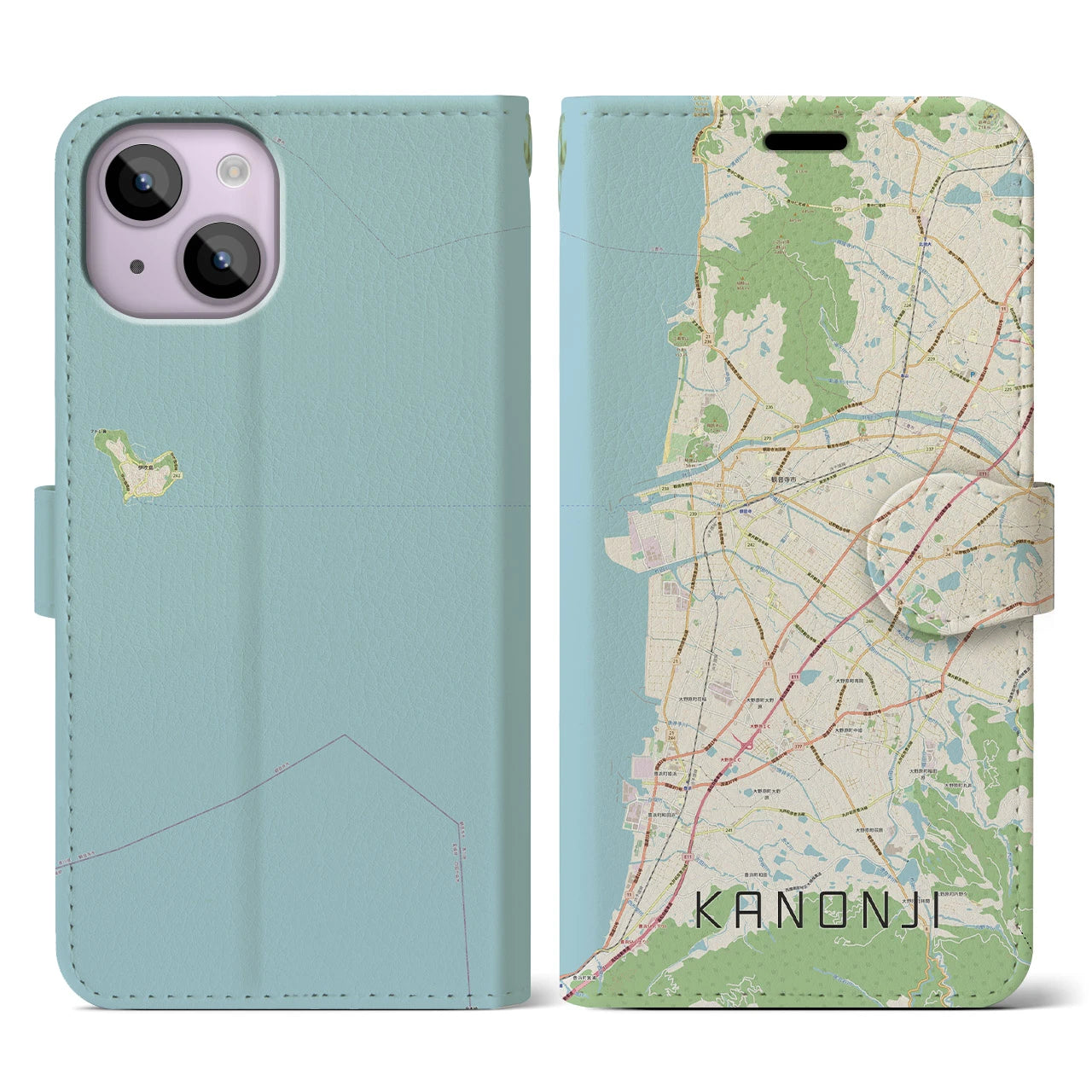 【観音寺(香川県)】地図柄iPhoneケース(手帳タイプ)ナチュラル・iPhone 14 用