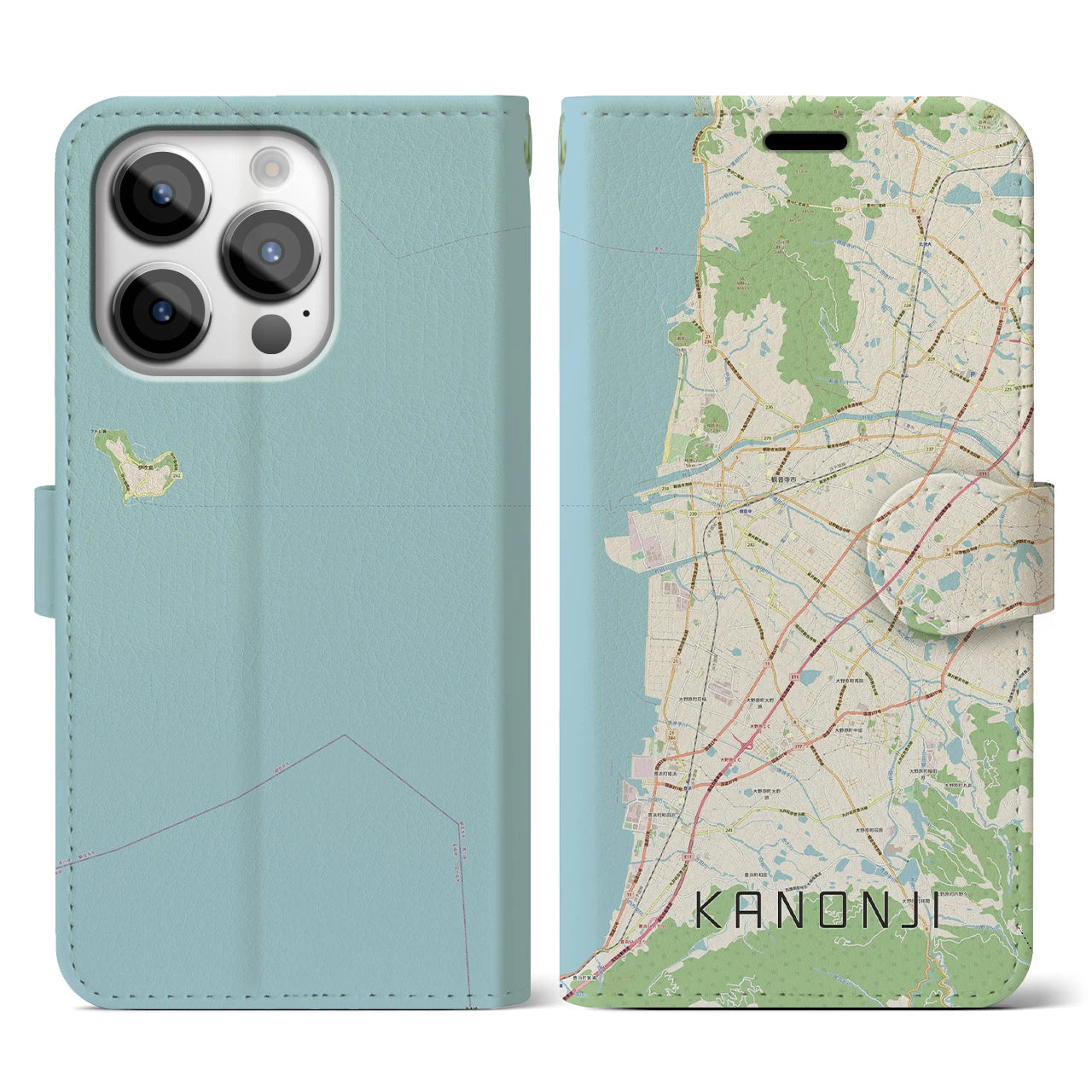 【観音寺(香川県)】地図柄iPhoneケース(手帳タイプ)ナチュラル・iPhone 14 Pro 用
