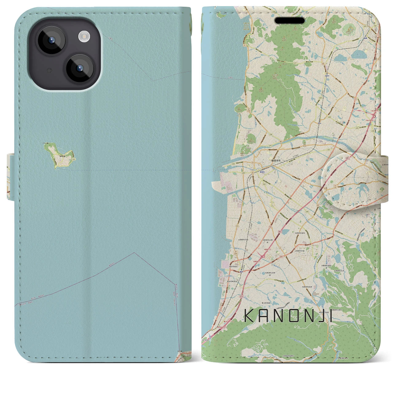 【観音寺(香川県)】地図柄iPhoneケース(手帳タイプ)ナチュラル・iPhone 14 Plus 用