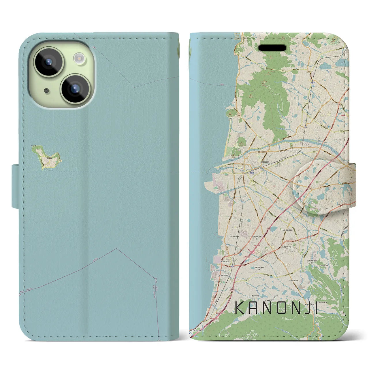 【観音寺(香川県)】地図柄iPhoneケース(手帳タイプ)ナチュラル・iPhone 15 用