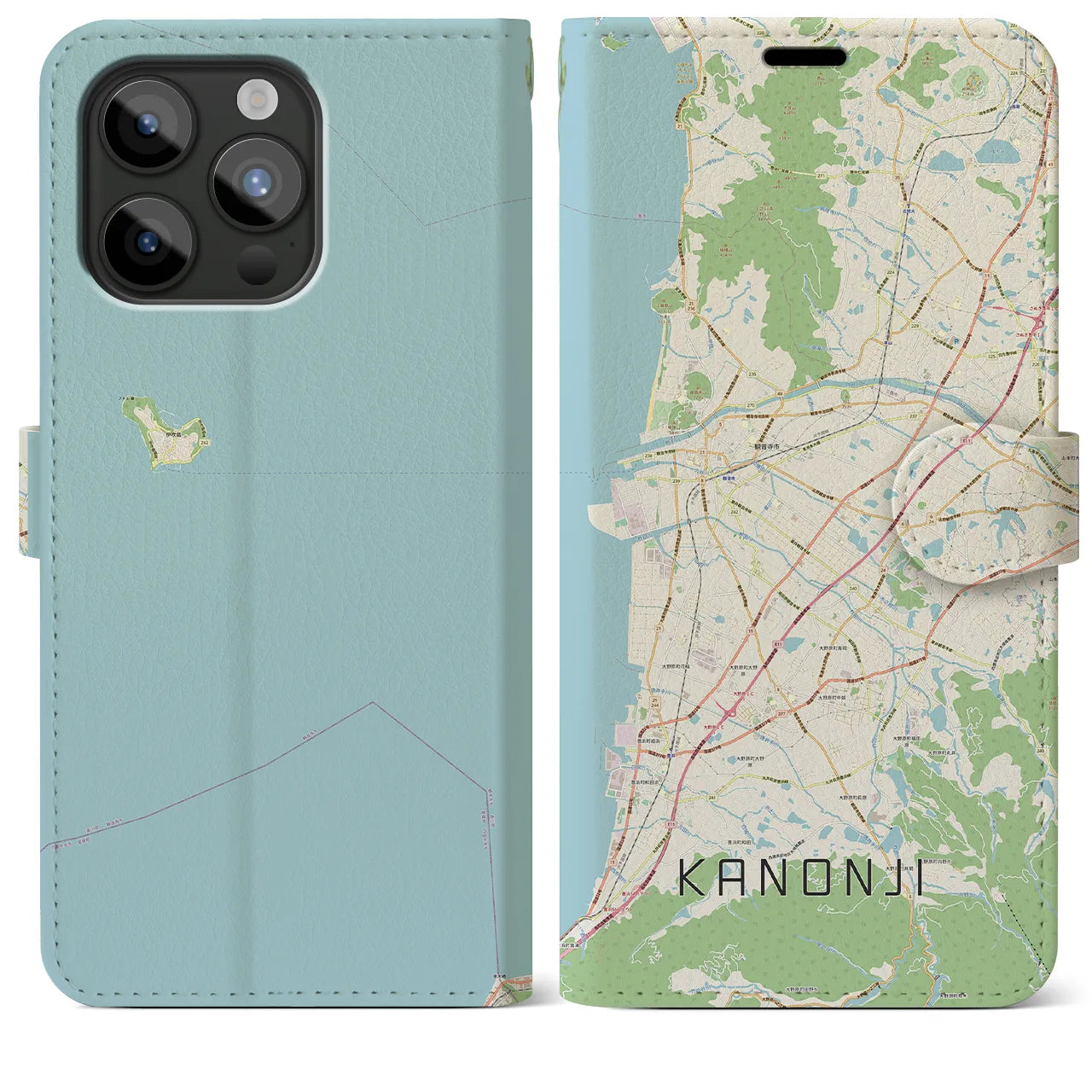 【観音寺(香川県)】地図柄iPhoneケース(手帳タイプ)ナチュラル・iPhone 15 Pro Max 用
