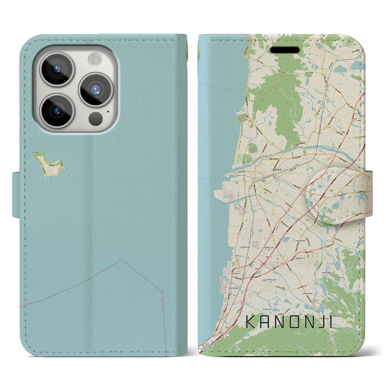 【観音寺(香川県)】地図柄iPhoneケース(手帳タイプ)ナチュラル・iPhone 15 Pro 用