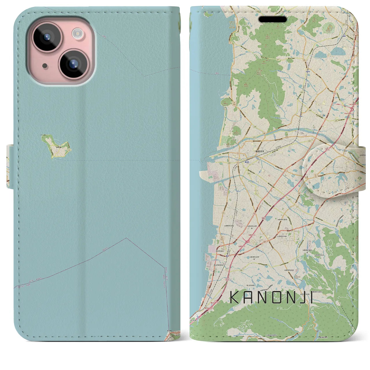 【観音寺(香川県)】地図柄iPhoneケース(手帳タイプ)ナチュラル・iPhone 15 Plus 用