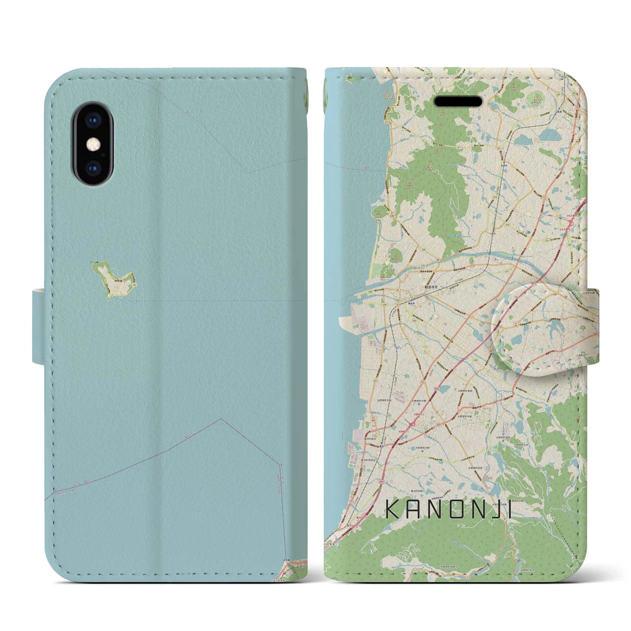 【観音寺(香川県)】地図柄iPhoneケース(手帳タイプ)ナチュラル・iPhone XS / X 用