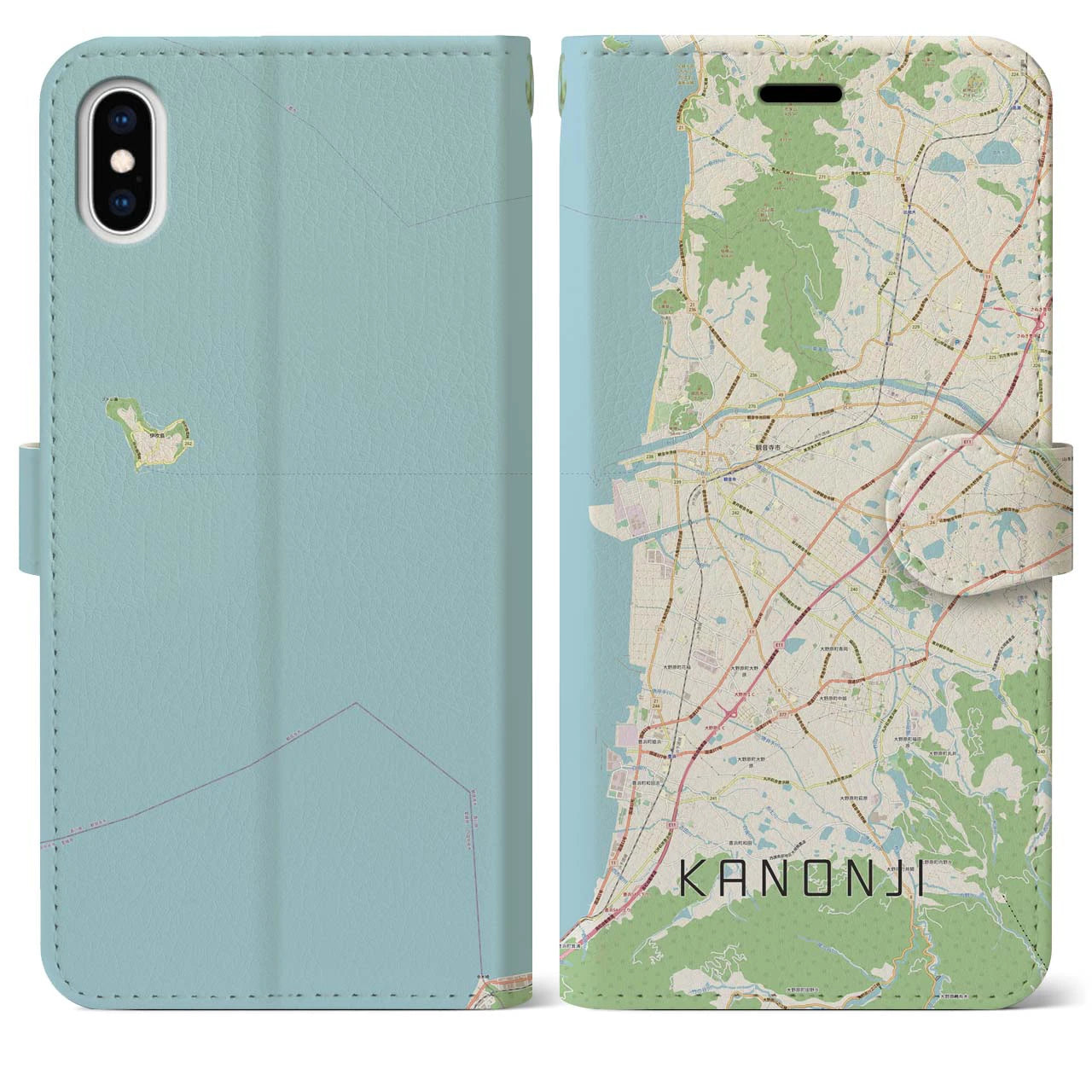 【観音寺(香川県)】地図柄iPhoneケース(手帳タイプ)ナチュラル・iPhone XS Max 用