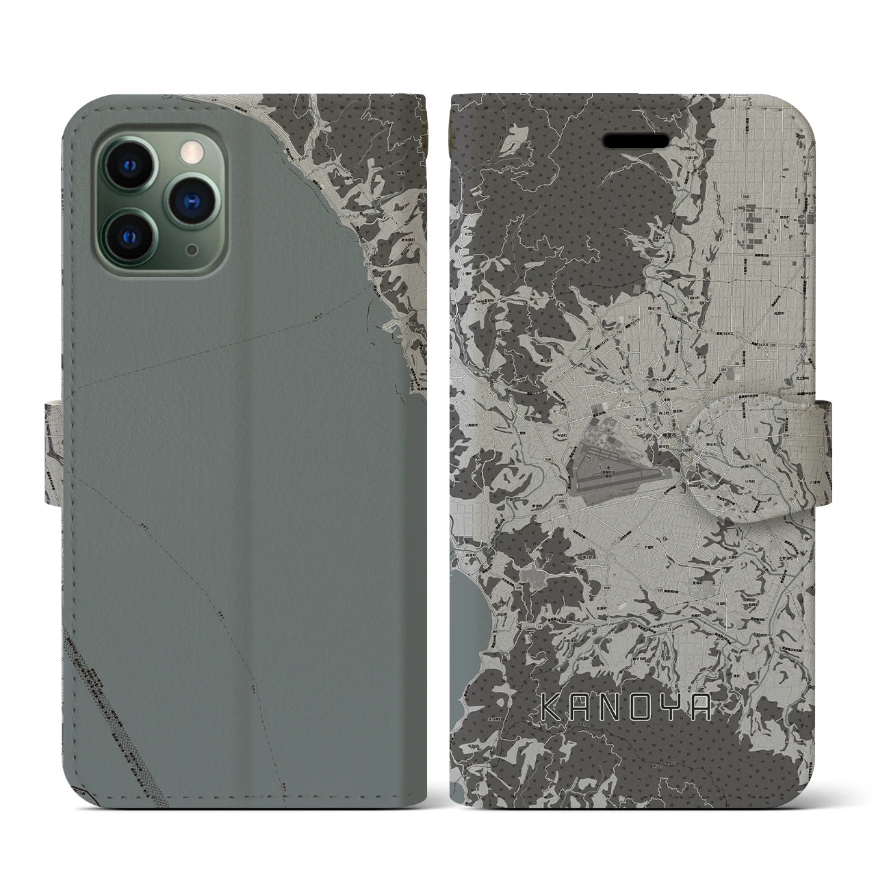 【鹿屋(鹿児島県)】地図柄iPhoneケース(手帳タイプ)モノトーン・iPhone 11 Pro 用