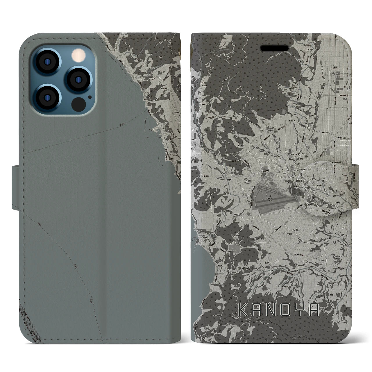 【鹿屋(鹿児島県)】地図柄iPhoneケース(手帳タイプ)モノトーン・iPhone 12 / 12 Pro 用