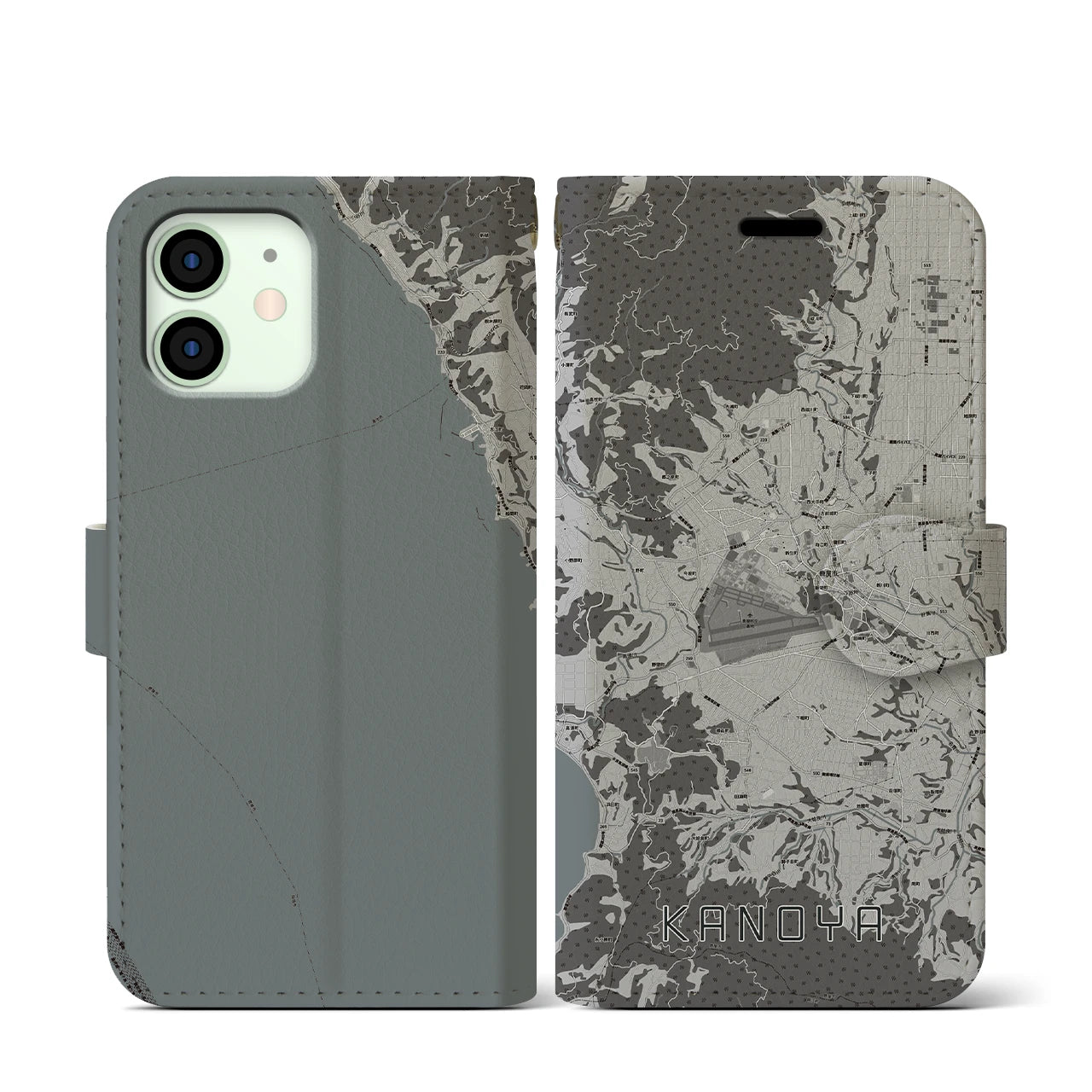 【鹿屋(鹿児島県)】地図柄iPhoneケース(手帳タイプ)モノトーン・iPhone 12 mini 用