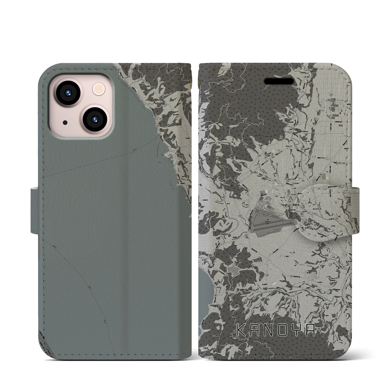 【鹿屋(鹿児島県)】地図柄iPhoneケース(手帳タイプ)モノトーン・iPhone 13 mini 用