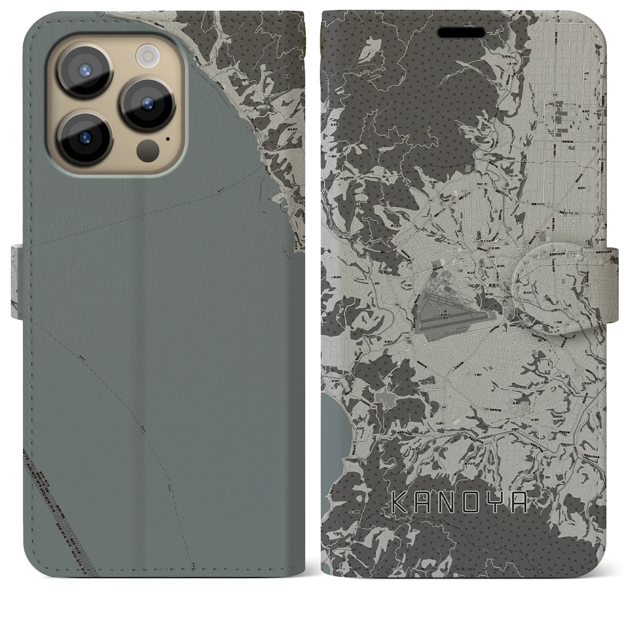 【鹿屋(鹿児島県)】地図柄iPhoneケース(手帳タイプ)モノトーン・iPhone 14 Pro Max 用