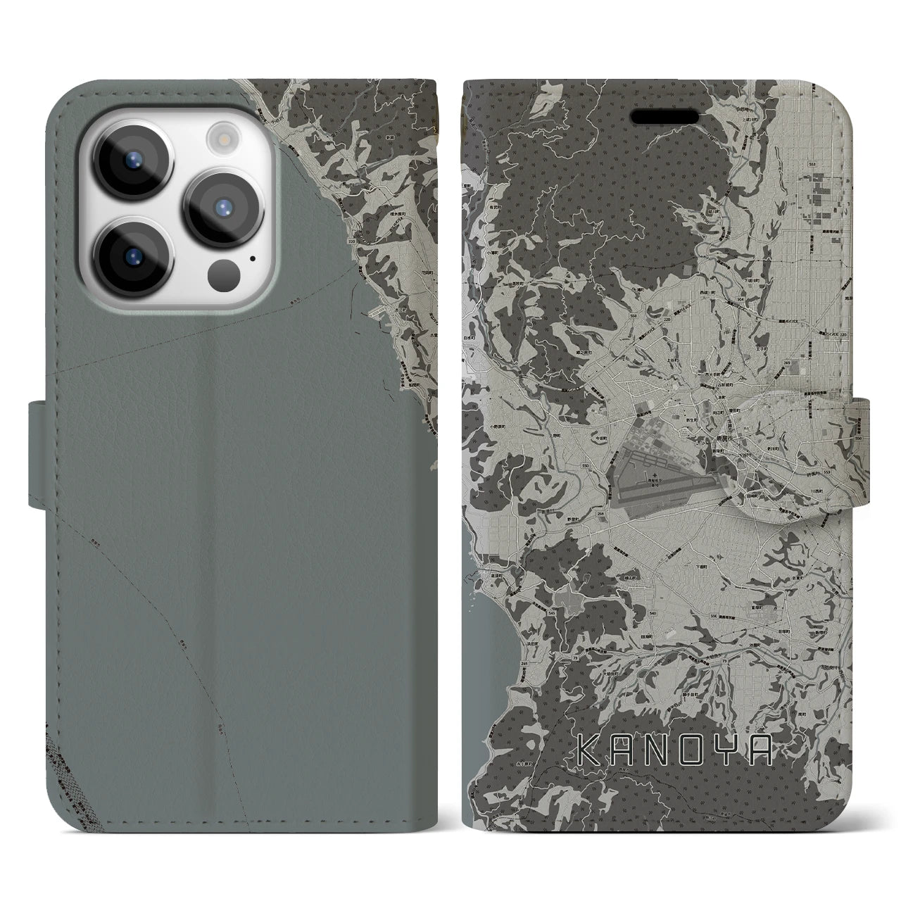 【鹿屋(鹿児島県)】地図柄iPhoneケース(手帳タイプ)モノトーン・iPhone 14 Pro 用