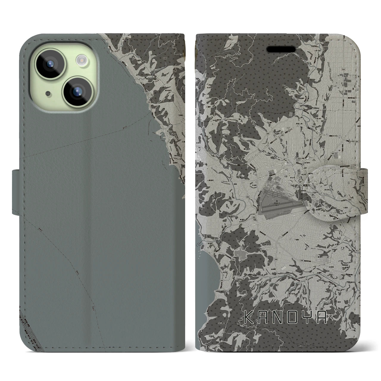 【鹿屋(鹿児島県)】地図柄iPhoneケース(手帳タイプ)モノトーン・iPhone 15 用