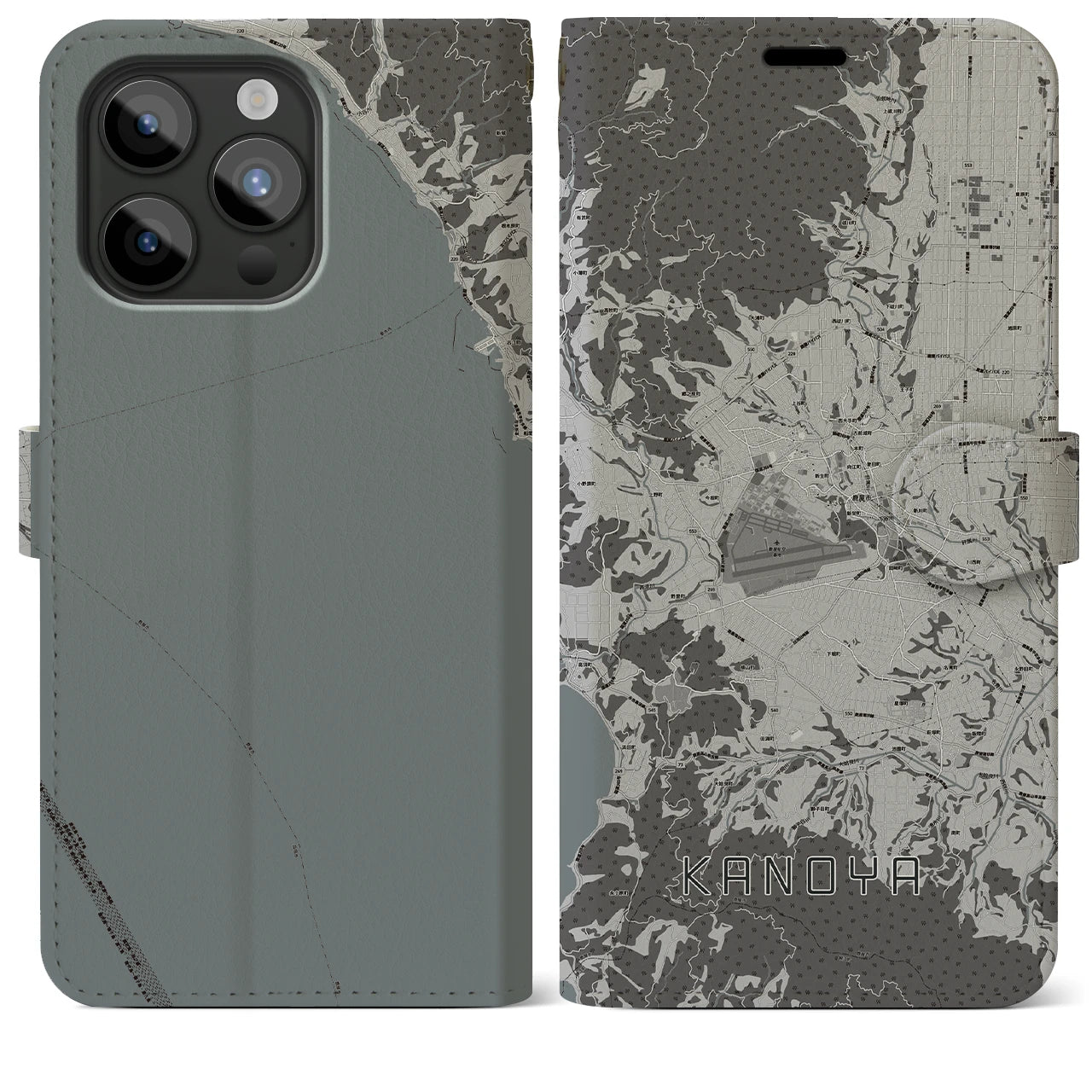 【鹿屋(鹿児島県)】地図柄iPhoneケース(手帳タイプ)モノトーン・iPhone 15 Pro Max 用