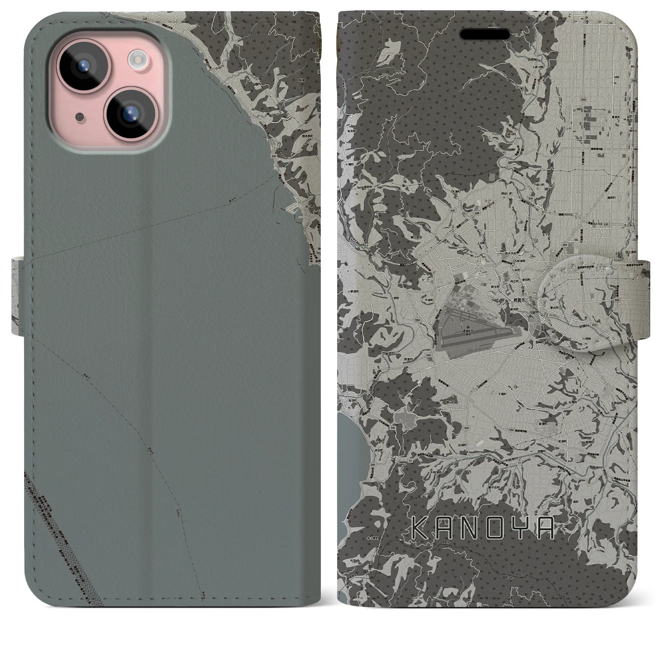 【鹿屋(鹿児島県)】地図柄iPhoneケース(手帳タイプ)モノトーン・iPhone 15 Plus 用