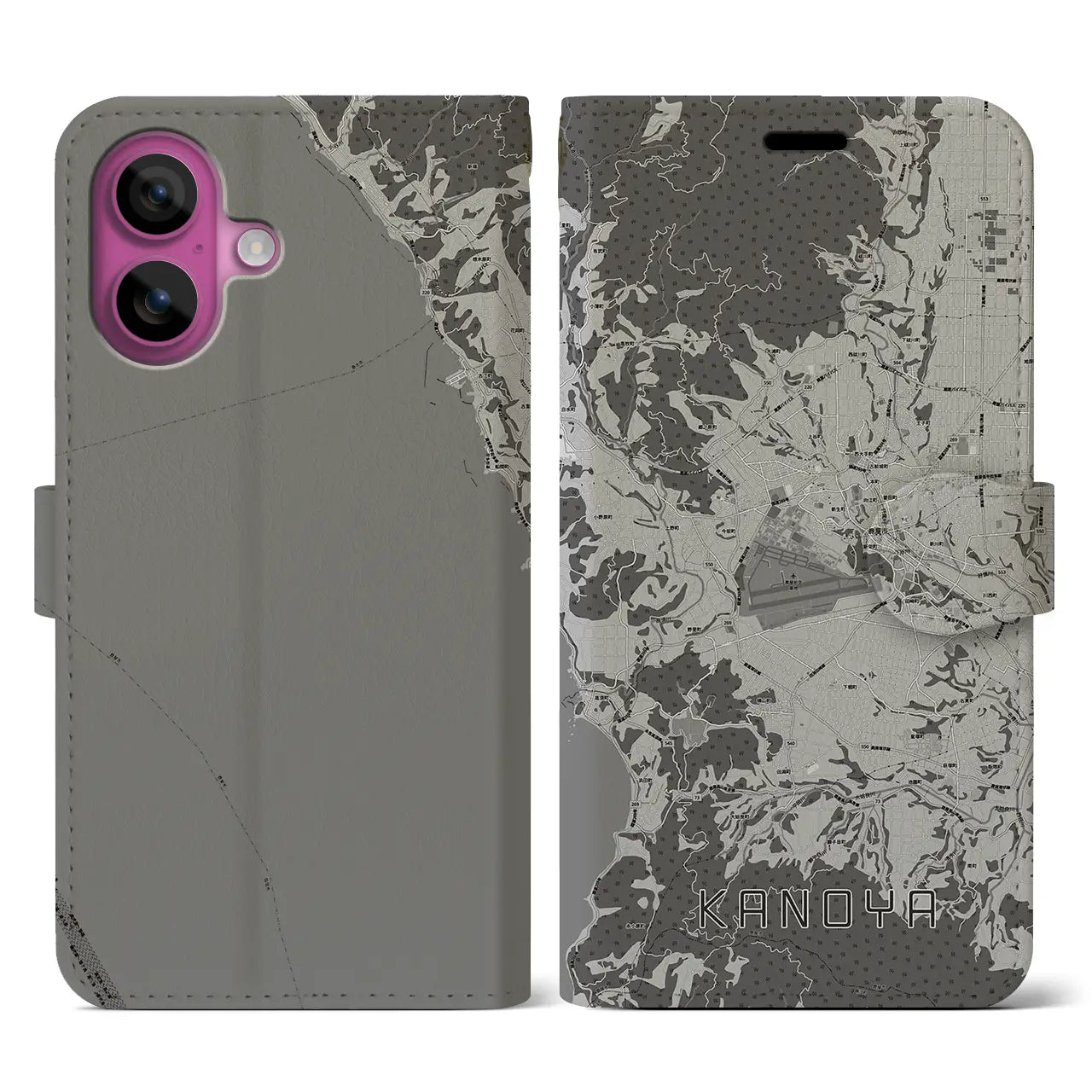 【鹿屋(鹿児島県)】地図柄iPhoneケース(手帳タイプ)モノトーン・iPhone 16 Pro 用