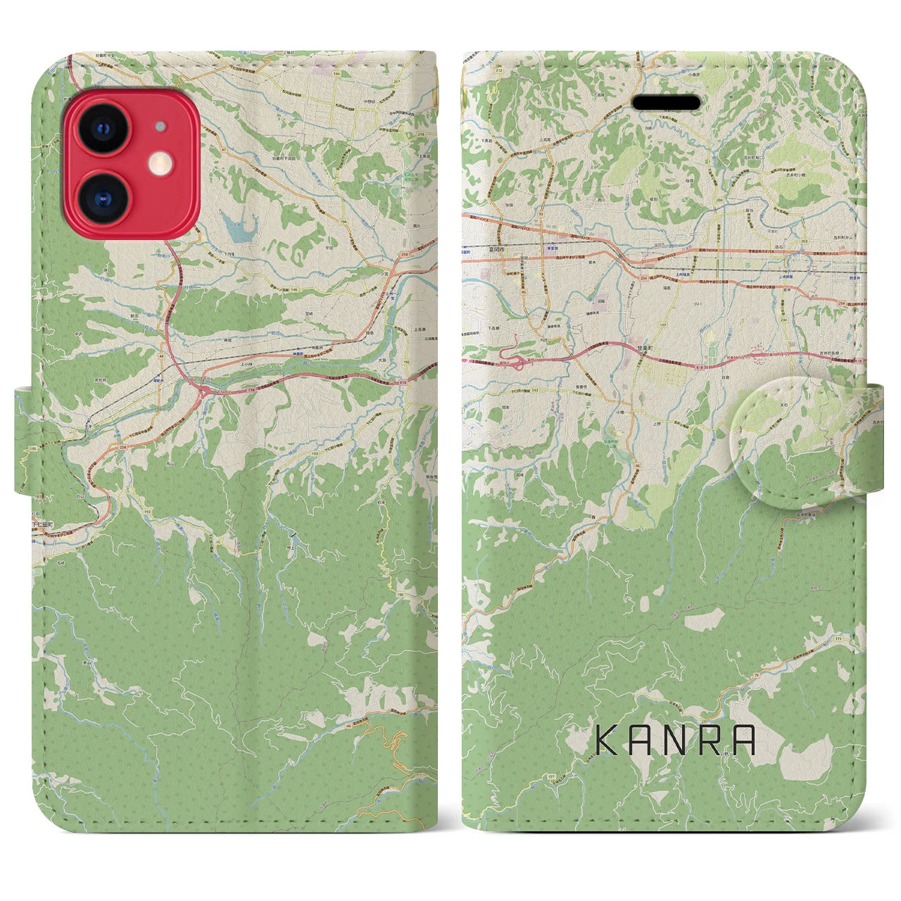 【甘楽(群馬県)】地図柄iPhoneケース(手帳タイプ)ナチュラル・iPhone 11 用