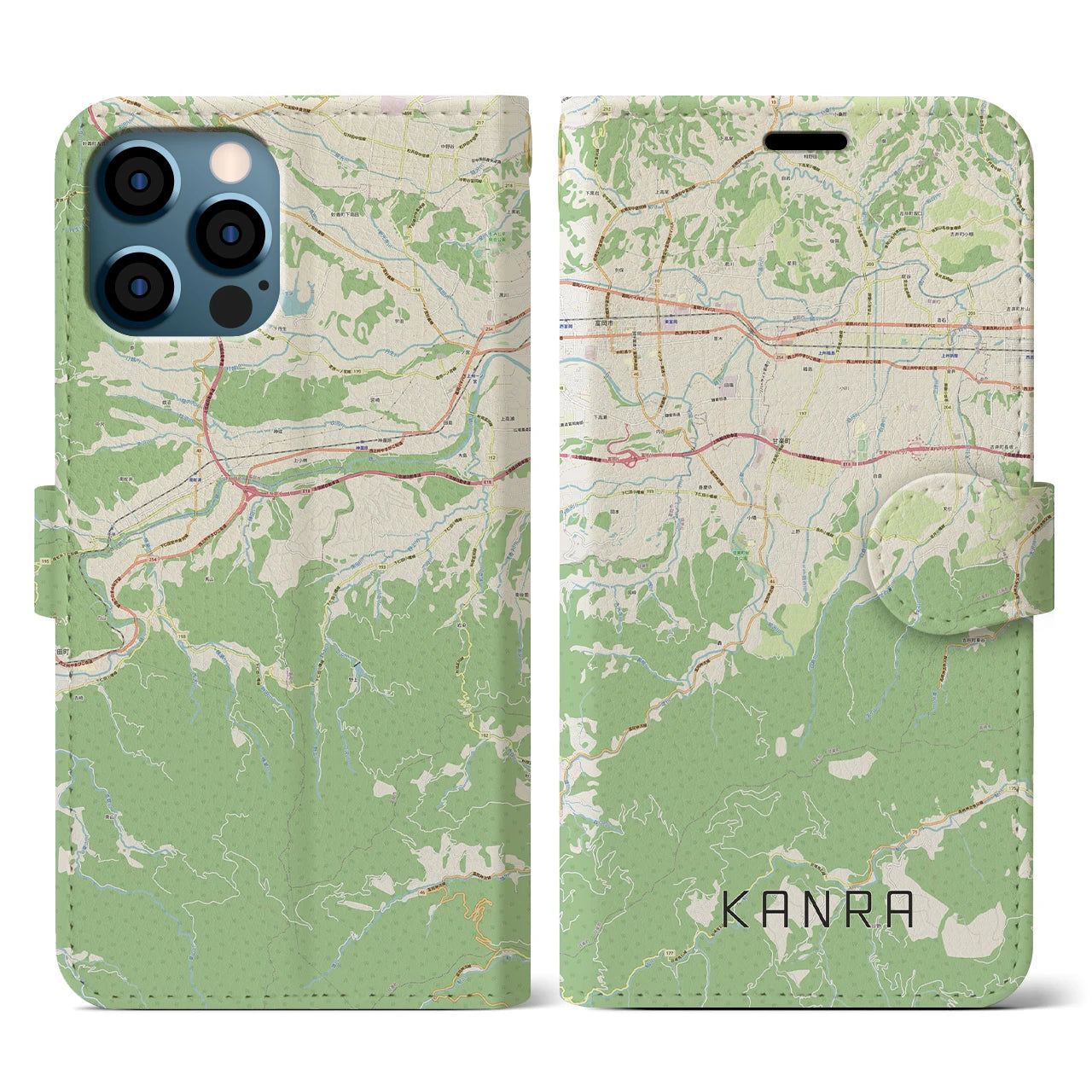 【甘楽(群馬県)】地図柄iPhoneケース(手帳タイプ)ナチュラル・iPhone 12 / 12 Pro 用