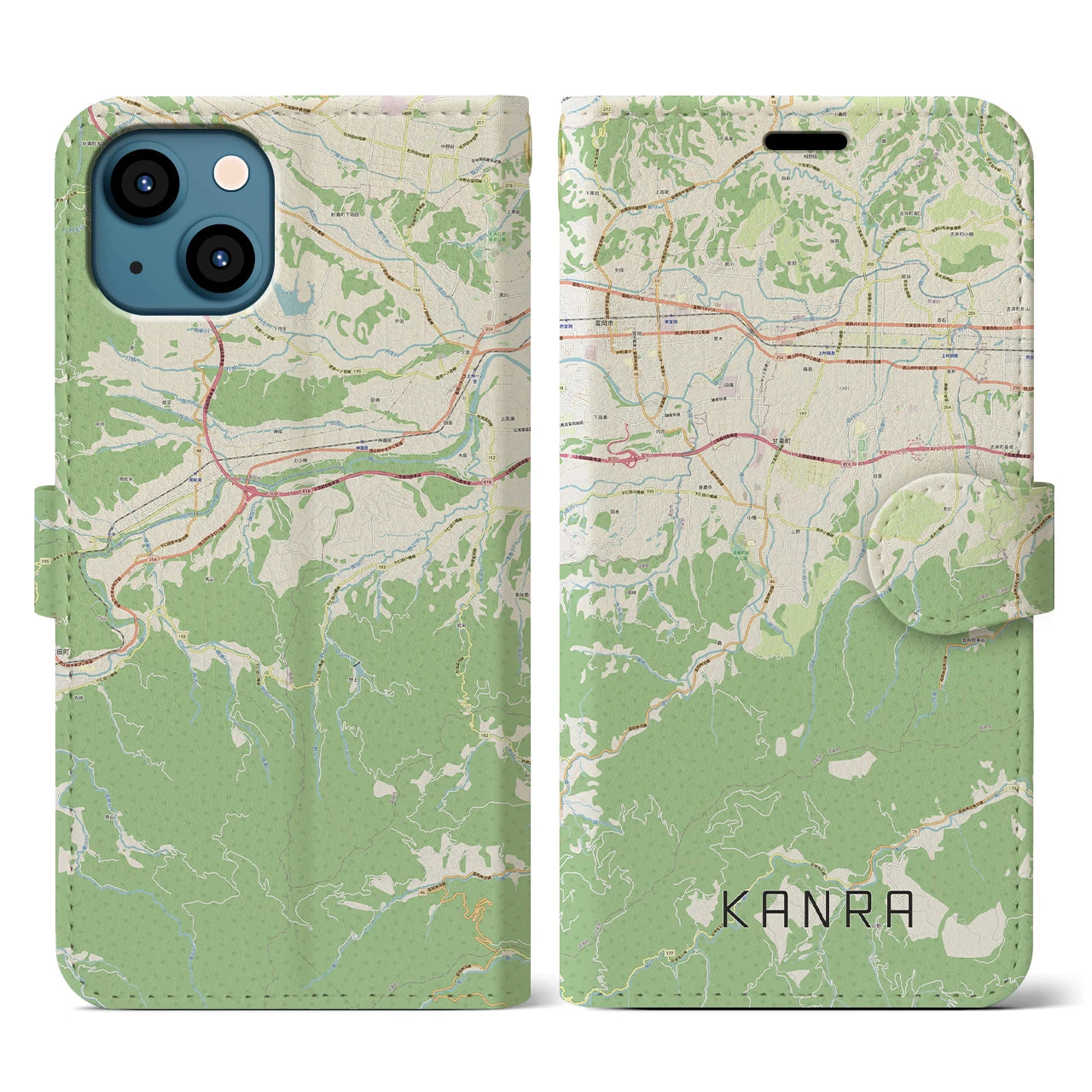 【甘楽(群馬県)】地図柄iPhoneケース(手帳タイプ)ナチュラル・iPhone 13 用