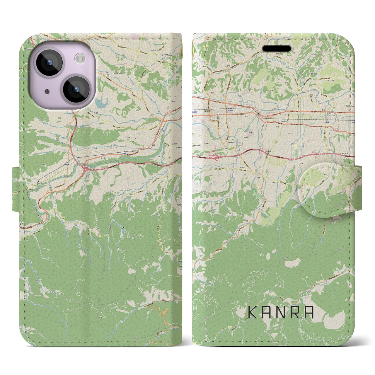 【甘楽(群馬県)】地図柄iPhoneケース(手帳タイプ)ナチュラル・iPhone 14 用