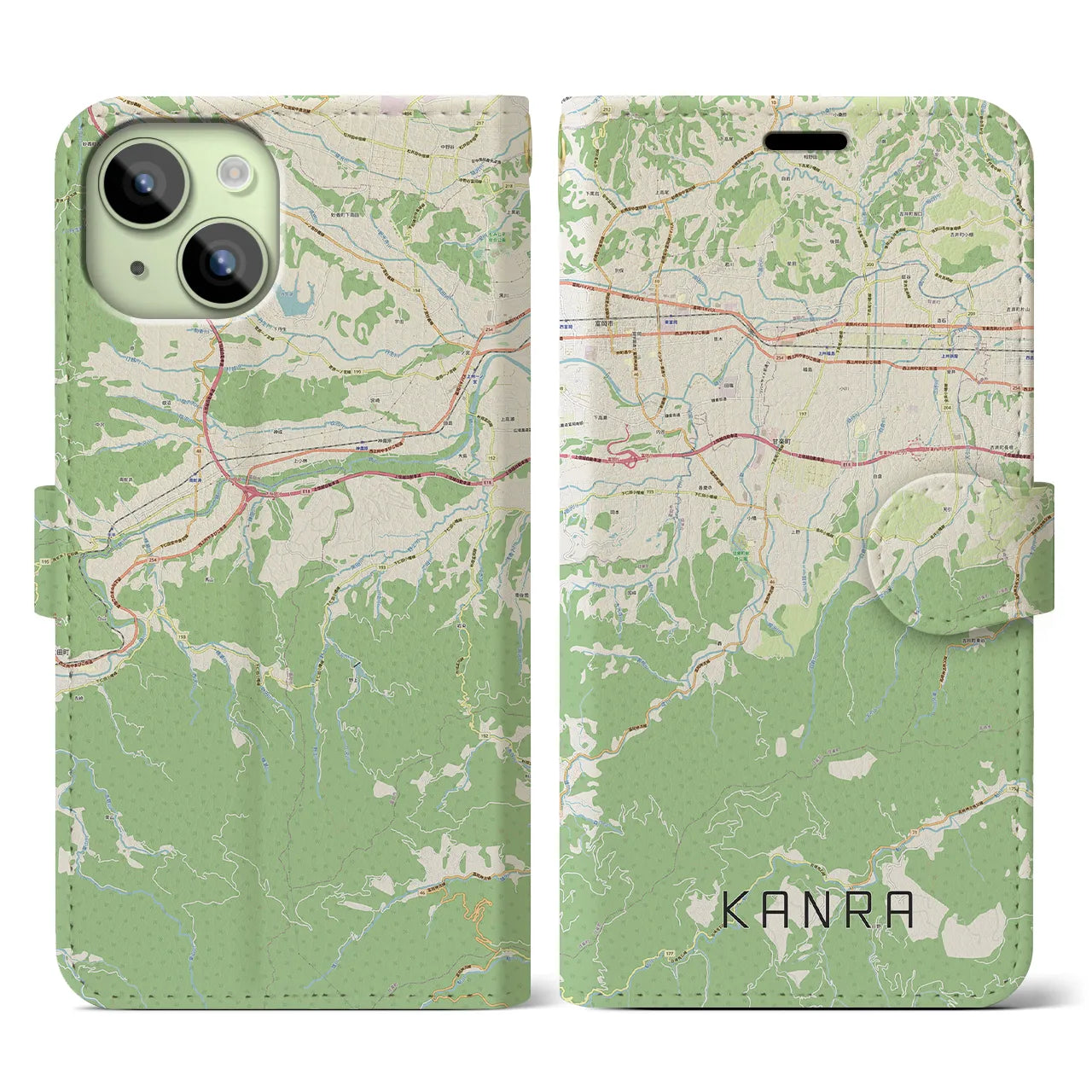 【甘楽(群馬県)】地図柄iPhoneケース(手帳タイプ)ナチュラル・iPhone 15 用