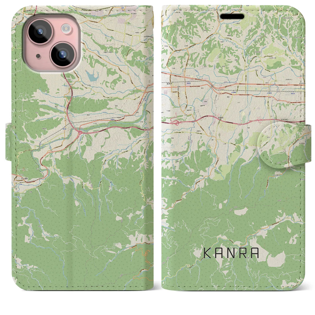 【甘楽(群馬県)】地図柄iPhoneケース(手帳タイプ)ナチュラル・iPhone 15 Plus 用