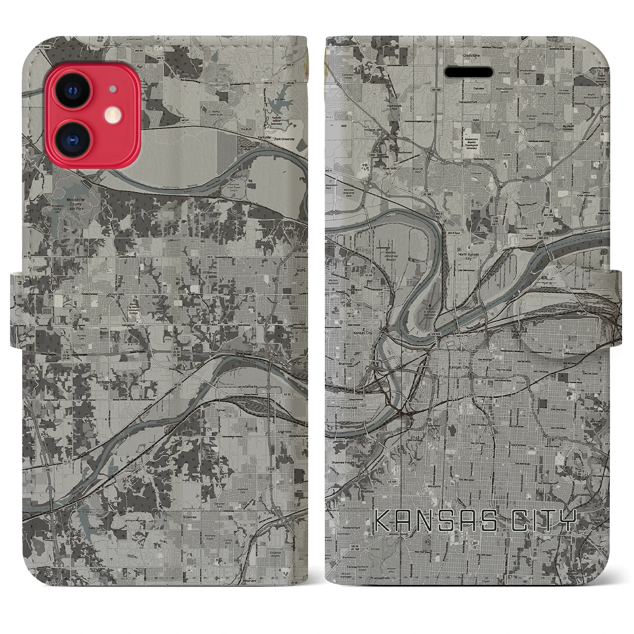 【カンザスシティ(アメリカ)】地図柄iPhoneケース(手帳タイプ)モノトーン・iPhone 11 用