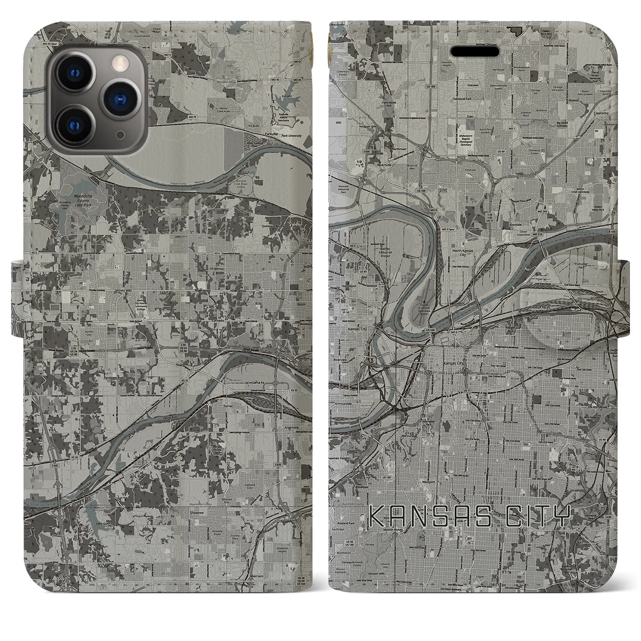 【カンザスシティ(アメリカ)】地図柄iPhoneケース(手帳タイプ)モノトーン・iPhone 11 Pro Max 用
