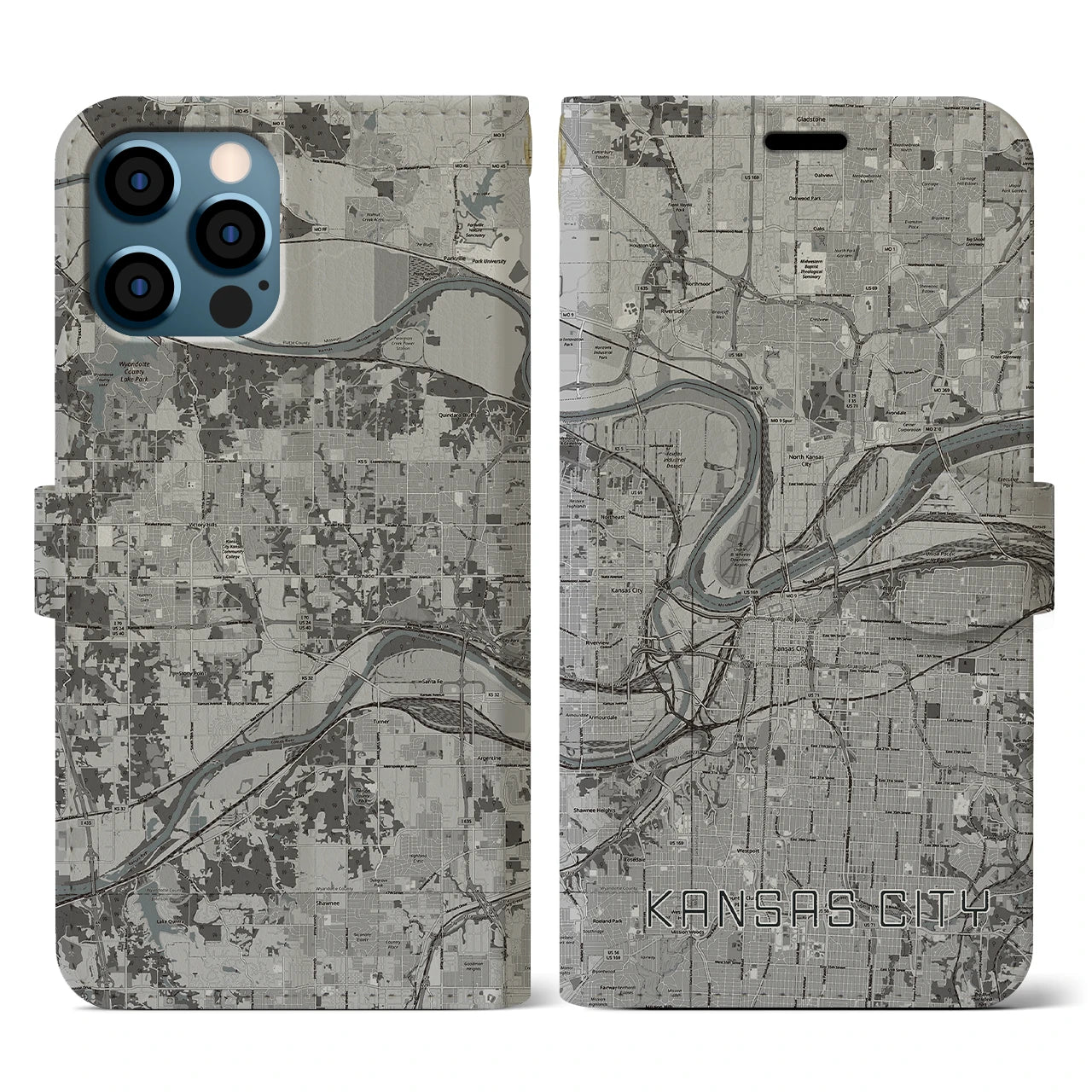 【カンザスシティ(アメリカ)】地図柄iPhoneケース(手帳タイプ)モノトーン・iPhone 12 / 12 Pro 用