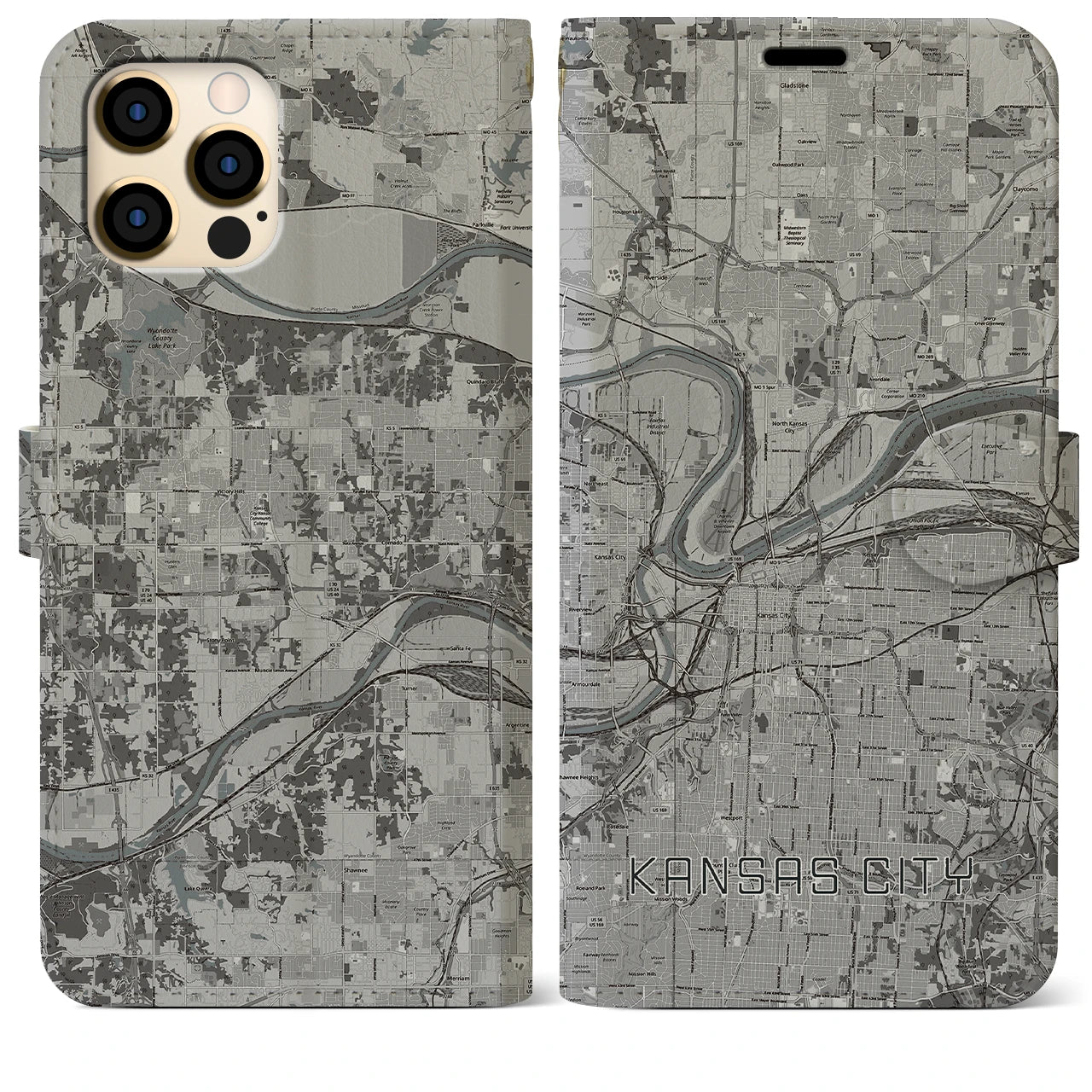 【カンザスシティ(アメリカ)】地図柄iPhoneケース(手帳タイプ)モノトーン・iPhone 12 Pro Max 用
