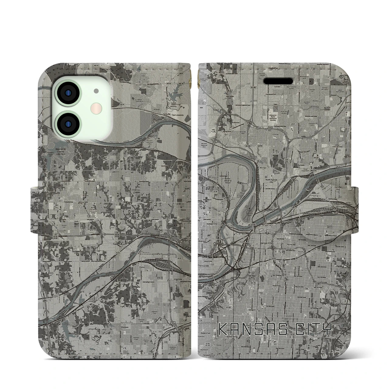 【カンザスシティ(アメリカ)】地図柄iPhoneケース(手帳タイプ)モノトーン・iPhone 12 mini 用