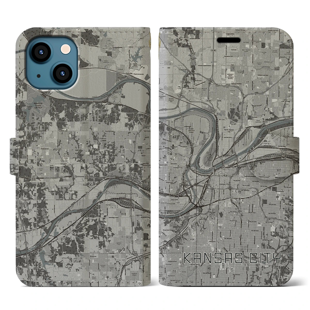 【カンザスシティ(アメリカ)】地図柄iPhoneケース(手帳タイプ)モノトーン・iPhone 13 用