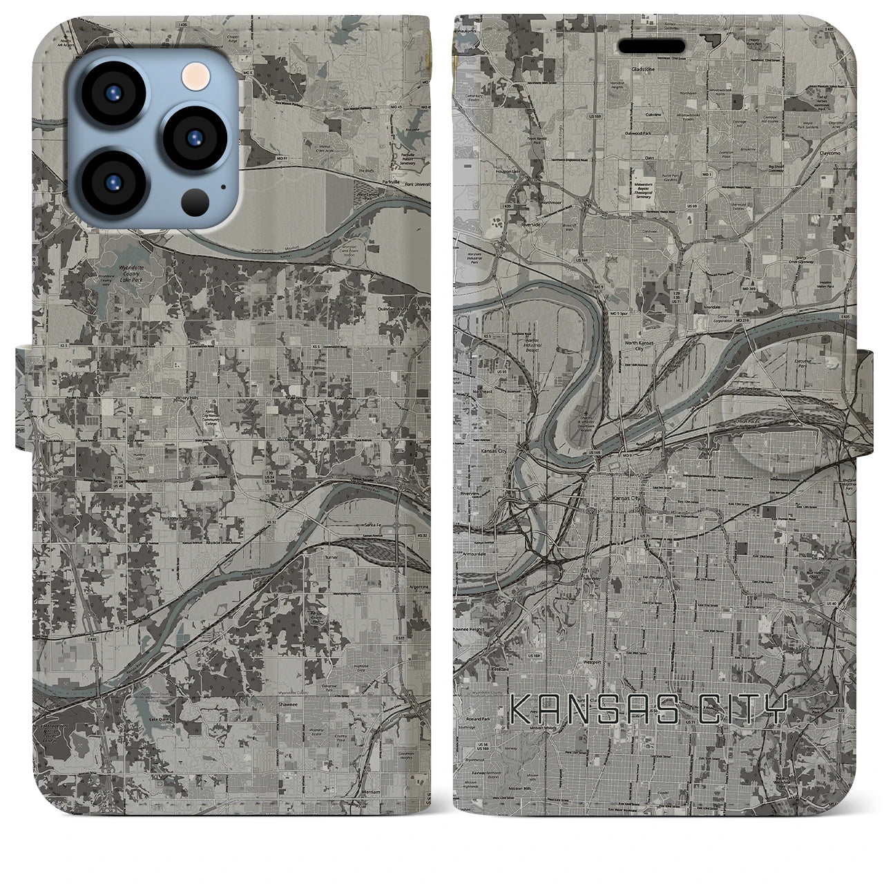 【カンザスシティ(アメリカ)】地図柄iPhoneケース(手帳タイプ)モノトーン・iPhone 13 Pro Max 用