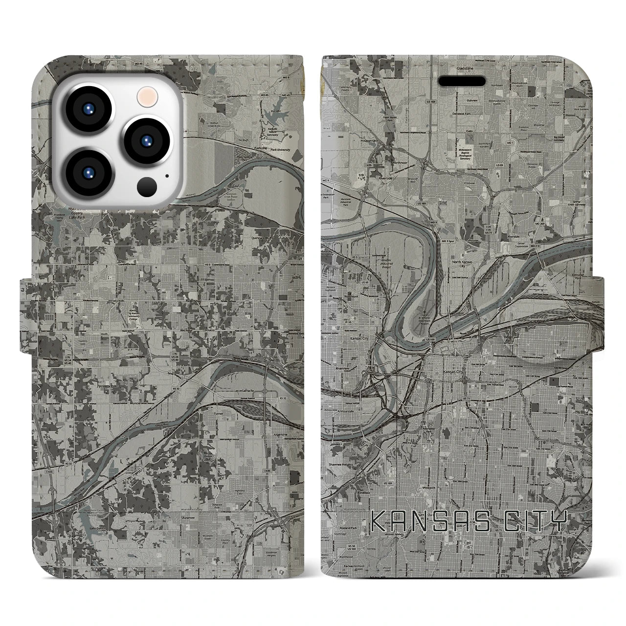 【カンザスシティ(アメリカ)】地図柄iPhoneケース(手帳タイプ)モノトーン・iPhone 13 Pro 用