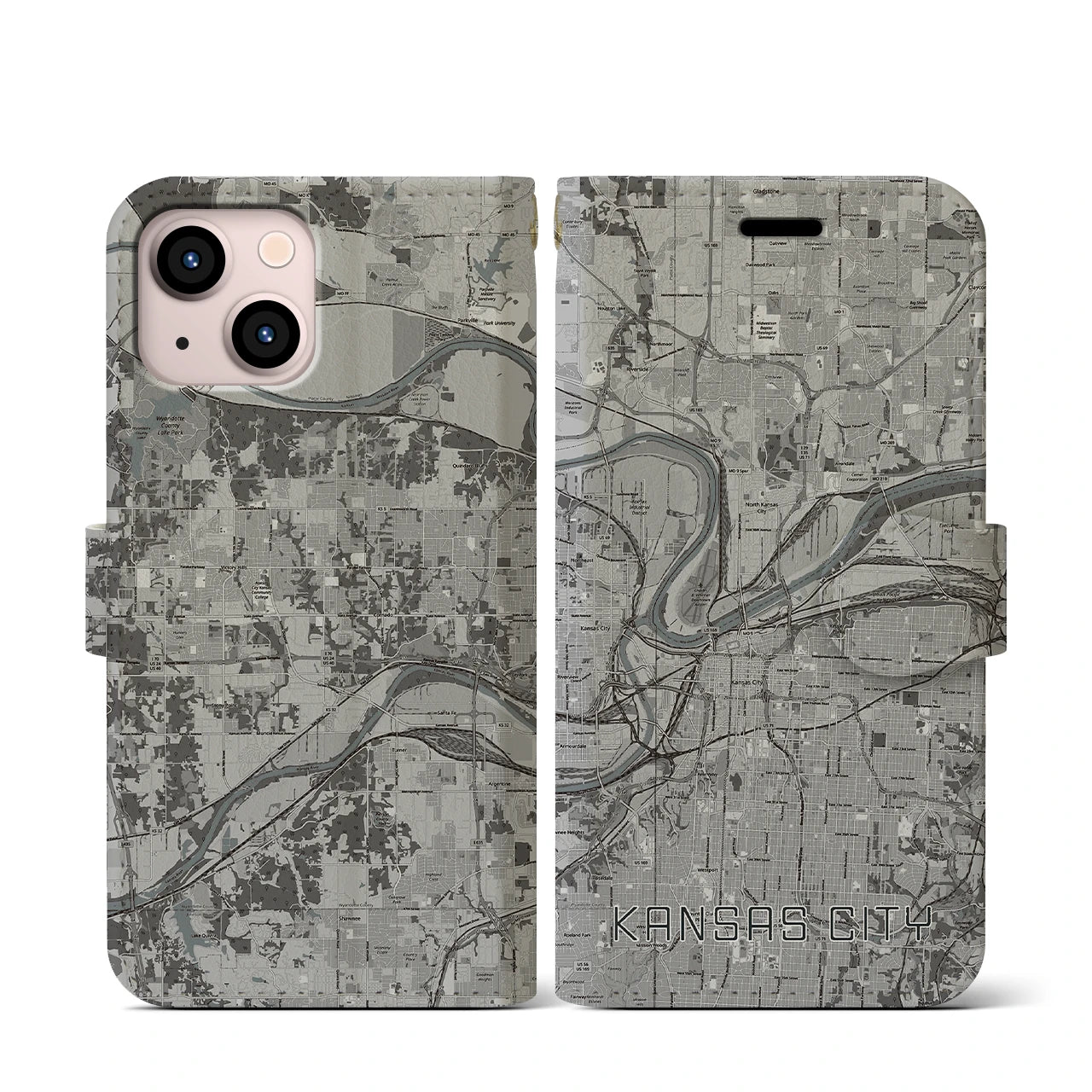 【カンザスシティ(アメリカ)】地図柄iPhoneケース(手帳タイプ)モノトーン・iPhone 13 mini 用