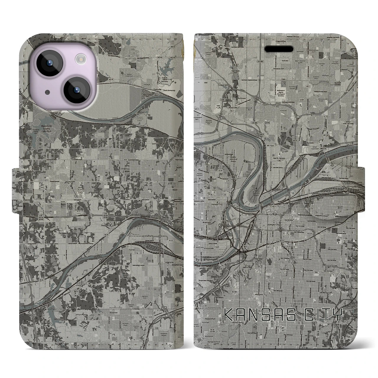 【カンザスシティ(アメリカ)】地図柄iPhoneケース(手帳タイプ)モノトーン・iPhone 14 用