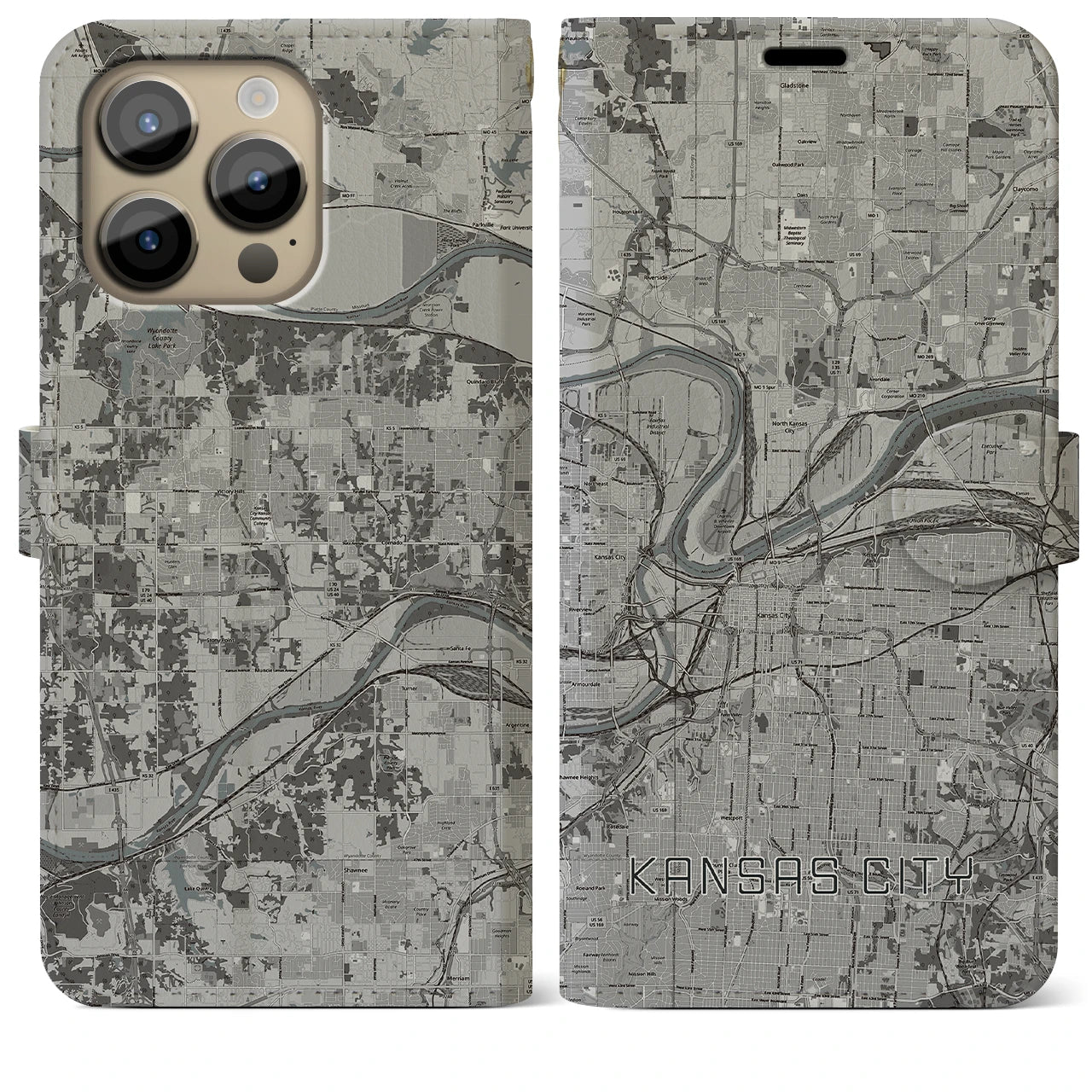 【カンザスシティ(アメリカ)】地図柄iPhoneケース(手帳タイプ)モノトーン・iPhone 14 Pro Max 用