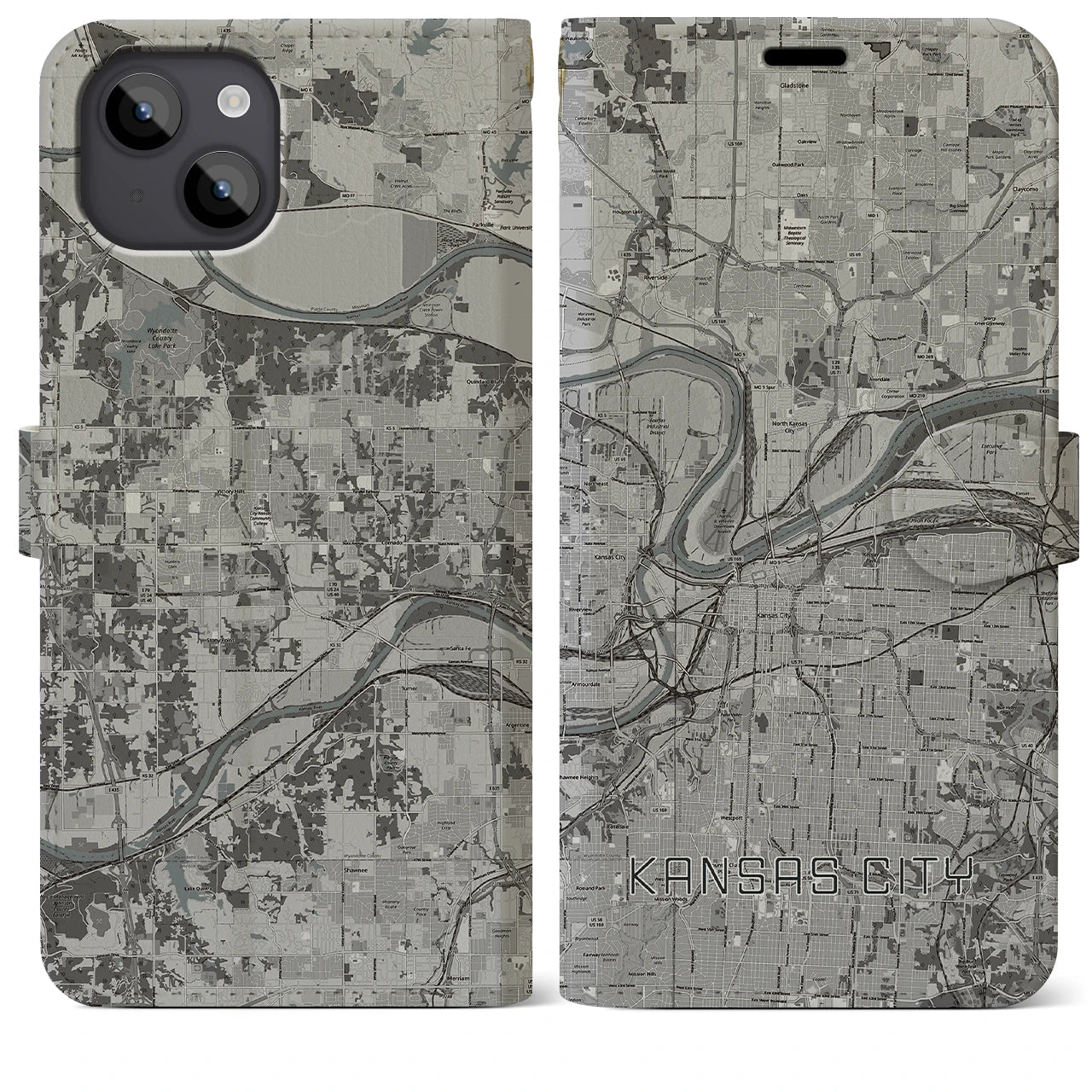 【カンザスシティ(アメリカ)】地図柄iPhoneケース(手帳タイプ)モノトーン・iPhone 14 Plus 用