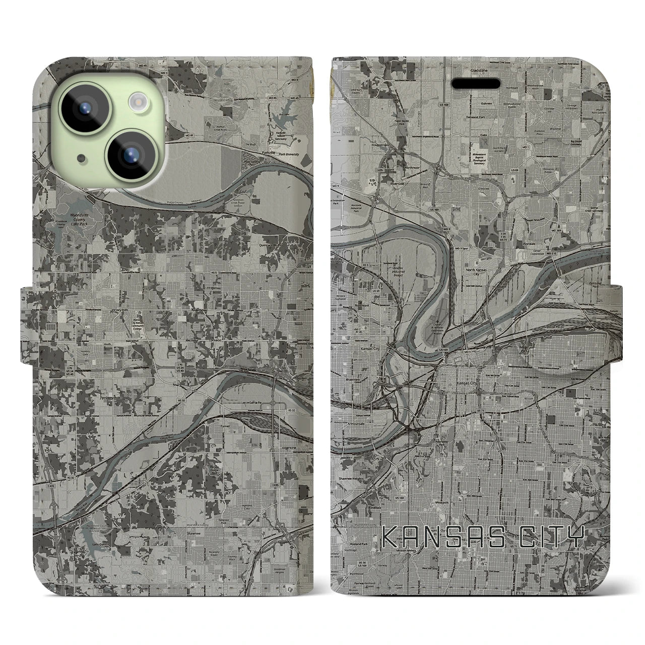 【カンザスシティ(アメリカ)】地図柄iPhoneケース(手帳タイプ)モノトーン・iPhone 15 用