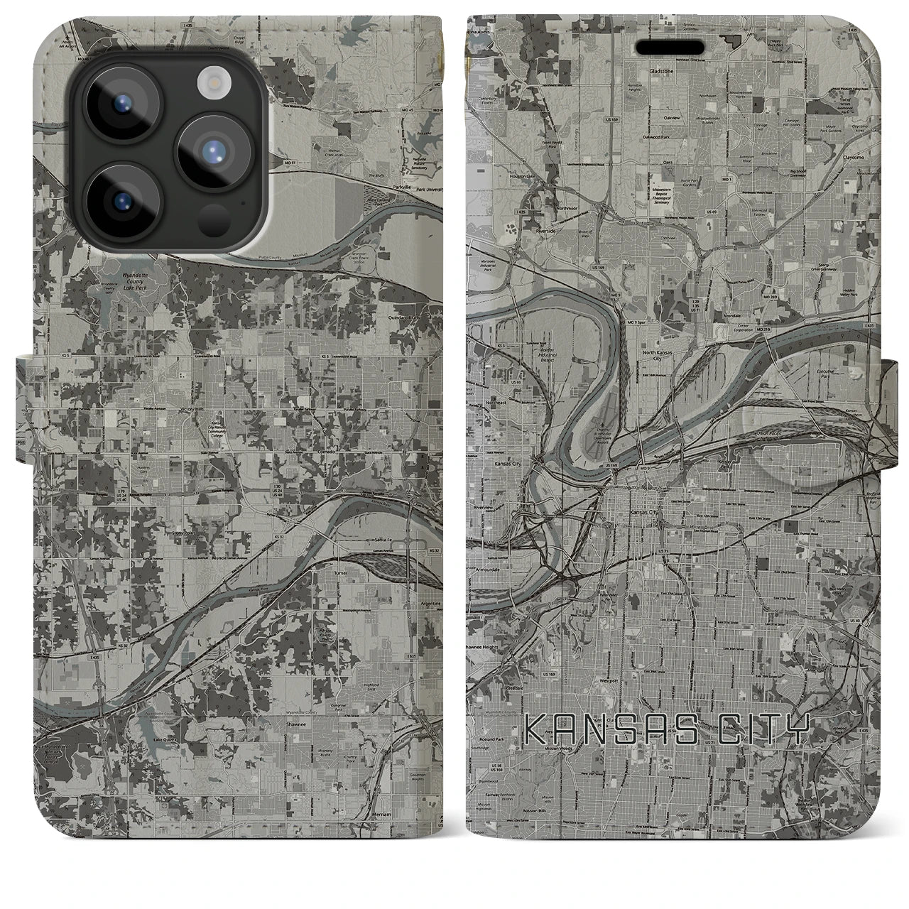 【カンザスシティ(アメリカ)】地図柄iPhoneケース(手帳タイプ)モノトーン・iPhone 15 Pro Max 用