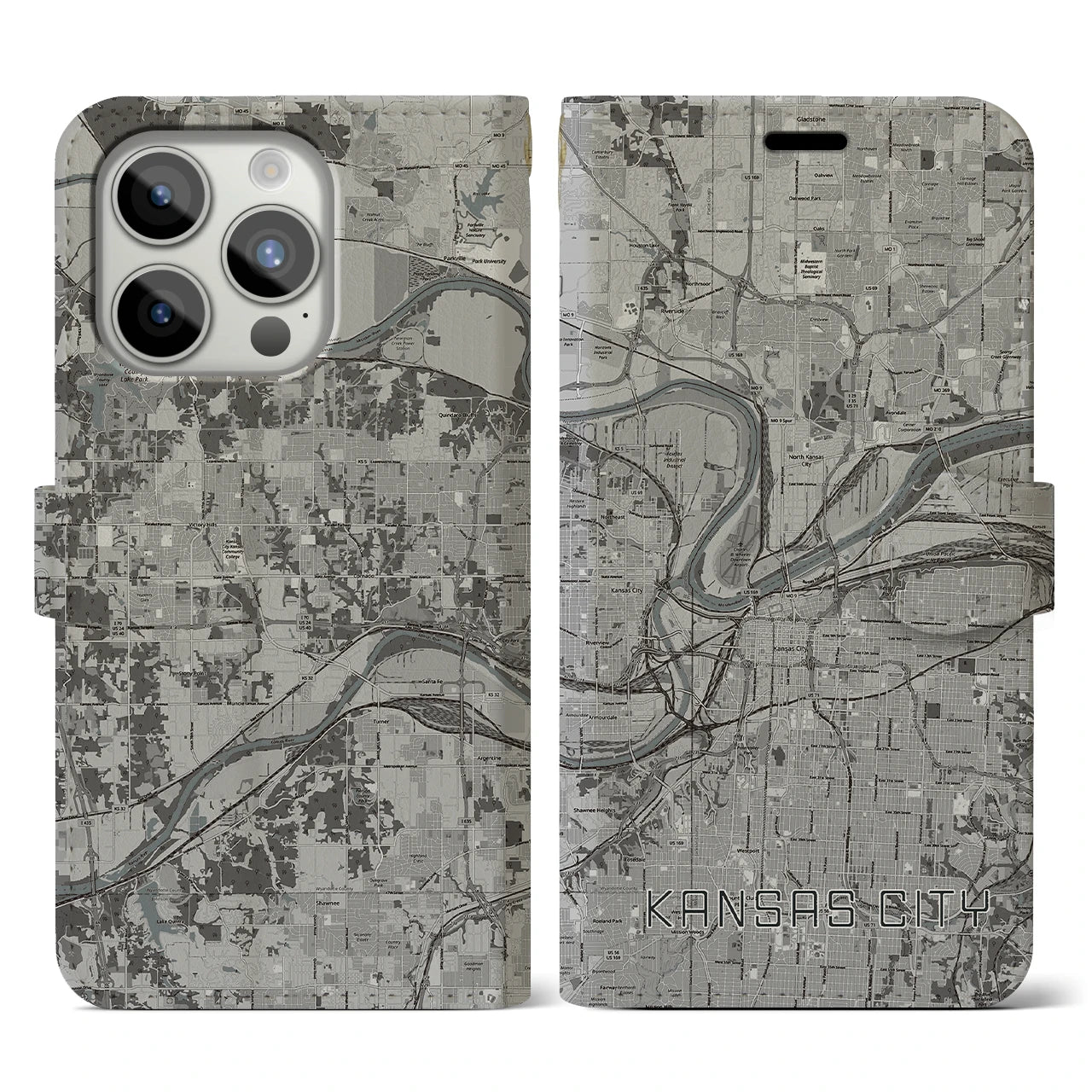 【カンザスシティ(アメリカ)】地図柄iPhoneケース(手帳タイプ)モノトーン・iPhone 15 Pro 用