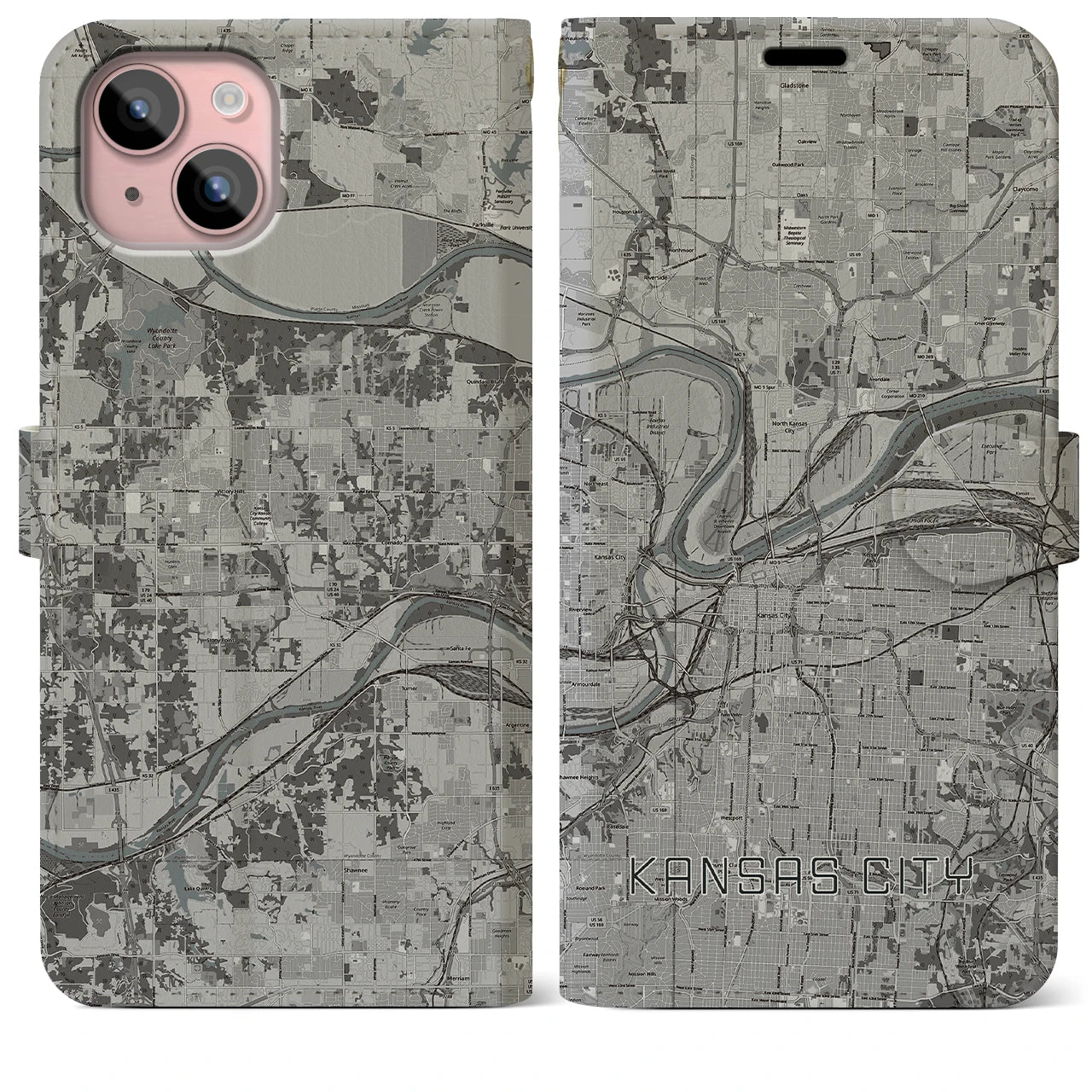 【カンザスシティ(アメリカ)】地図柄iPhoneケース(手帳タイプ)モノトーン・iPhone 15 Plus 用