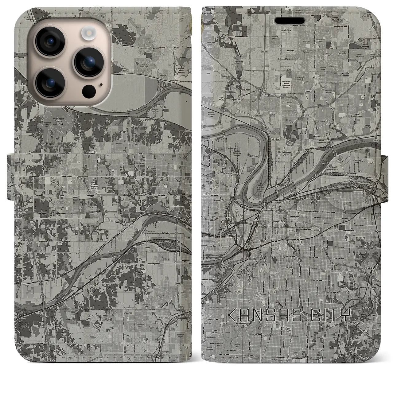 【カンザスシティ(アメリカ)】地図柄iPhoneケース(手帳タイプ)モノトーン・iPhone 16 Plus 用