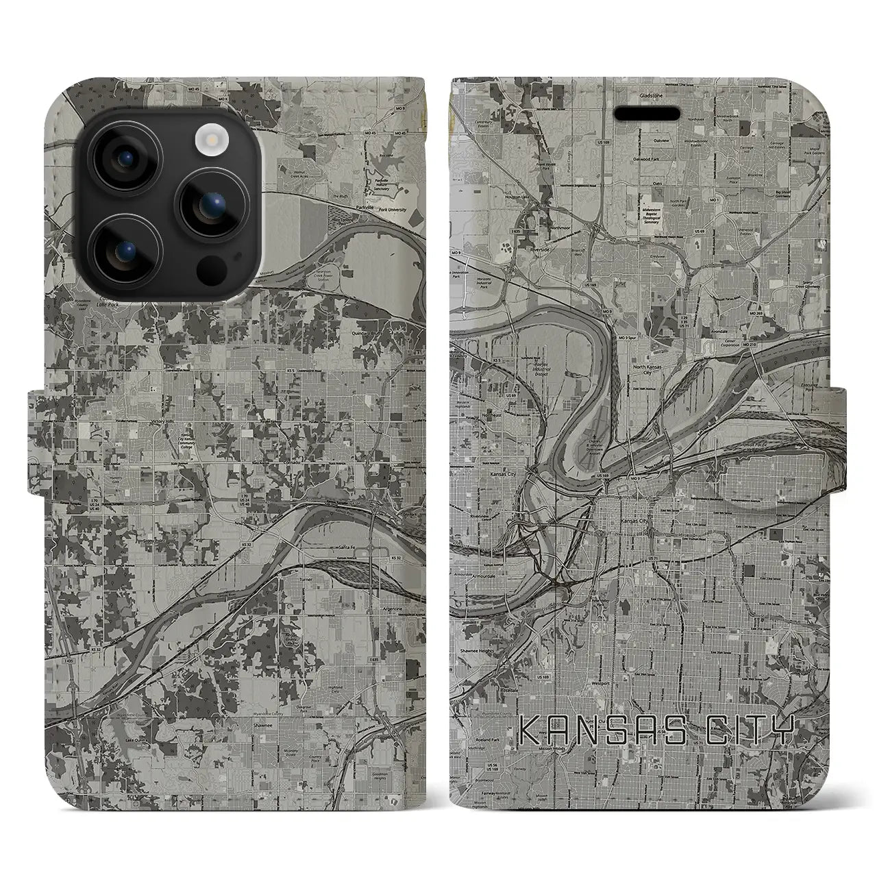 【カンザスシティ(アメリカ)】地図柄iPhoneケース(手帳タイプ)モノトーン・iPhone 16 用
